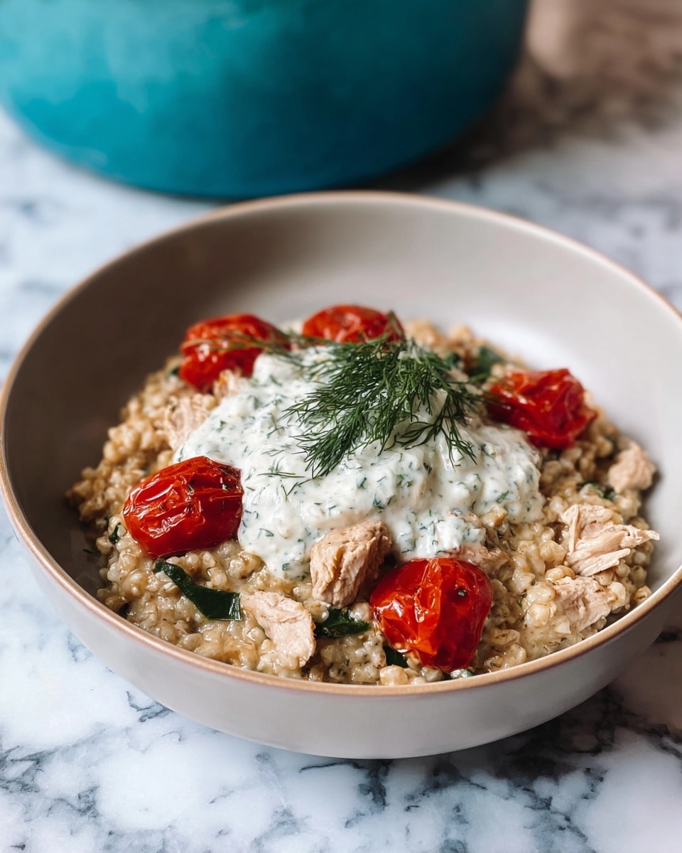 The dish is served in a round white bowl placed on a white marbled surface. It has a soft base layer of creamy, light brown grains mixed with small pieces of light beige meat and green leafy bits. On top, there are four bright red roasted cherry tomatoes evenly spaced around a dollop of white creamy sauce with green herb specks. A small bunch of fresh green dill rests on the sauce, adding a fresh touch. The background shows a blurred turquoise pot. Photo taken with an iphone --ar 4:5 --v 7