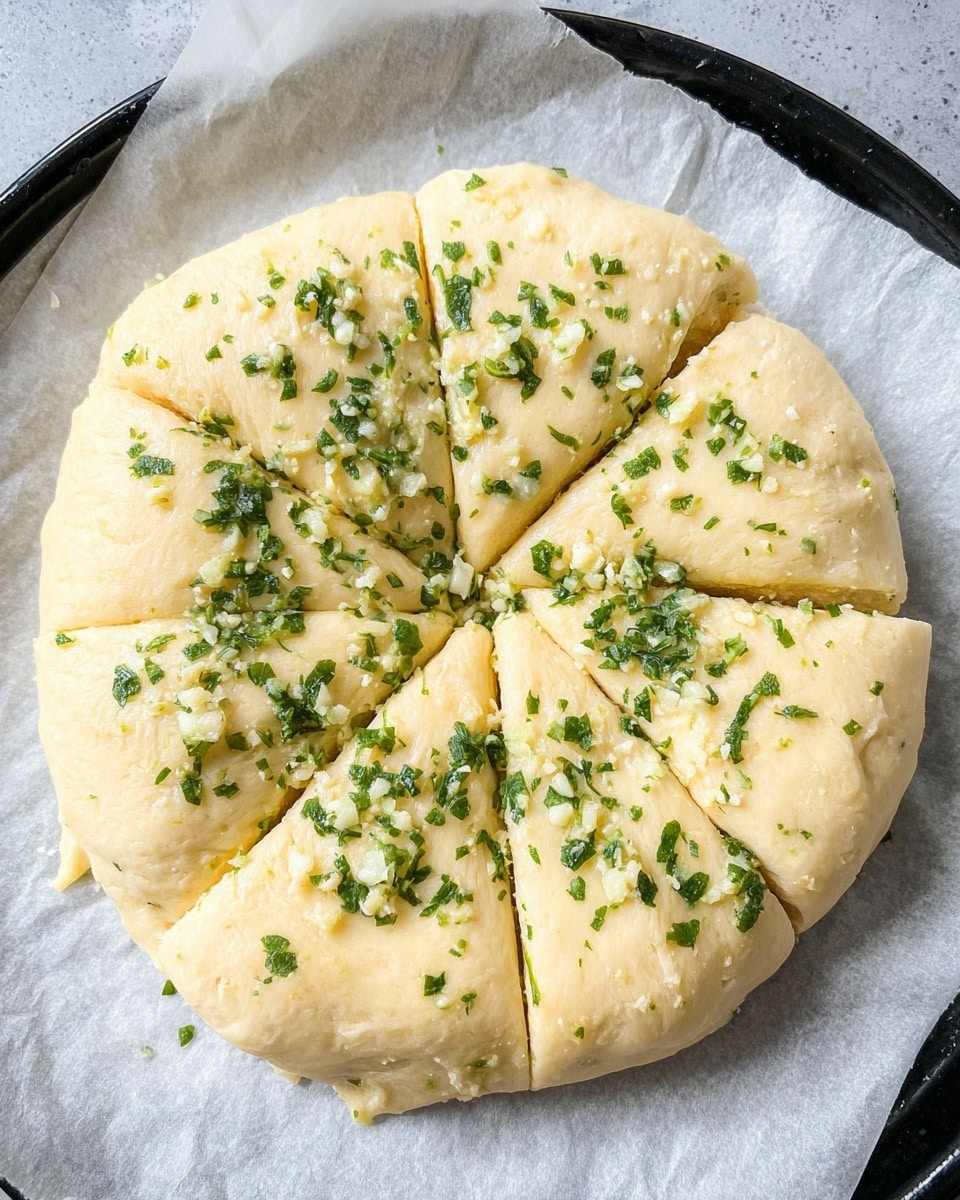A round pizza with a thick, golden-brown crust is placed on a wooden cutting board over a white marbled surface. The pizza is cut into multiple slices, with one slice slightly pulled away, showing melted, stretchy cheese strands connecting it to the rest. The top layer is covered with melted yellowish cheese mixed with small chunks of cooked sausage and finely chopped green herbs scattered evenly. The crust edges are puffed and browned, giving a textured look. In the background, there are two blue salt and pepper shakers and a blue glass, all set on the white marbled surface. photo taken with an iphone --ar 4:5 --v 7