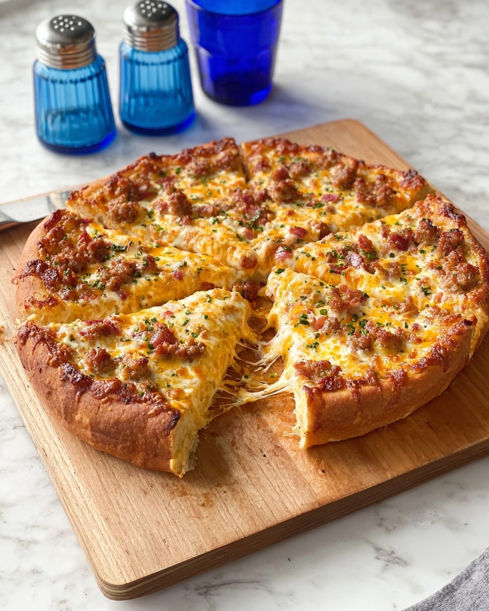 A round pizza with a thick, golden brown crust sits on a light brown wooden board, placed on a white marbled surface. The pizza has three visible layers: a bottom layer of rich tomato sauce peeking from the edges, a middle layer of melted yellow and white cheese spread evenly across the pizza, and a top layer with small, cubed pieces of browned sausage scattered along with bits of red onion and green herbs sprinkled on top. The crust is slightly puffed and browned unevenly, giving it a rustic look. In the background, there are blue salt and pepper shakers. Photo taken with an iphone --ar 4:5 --v 7