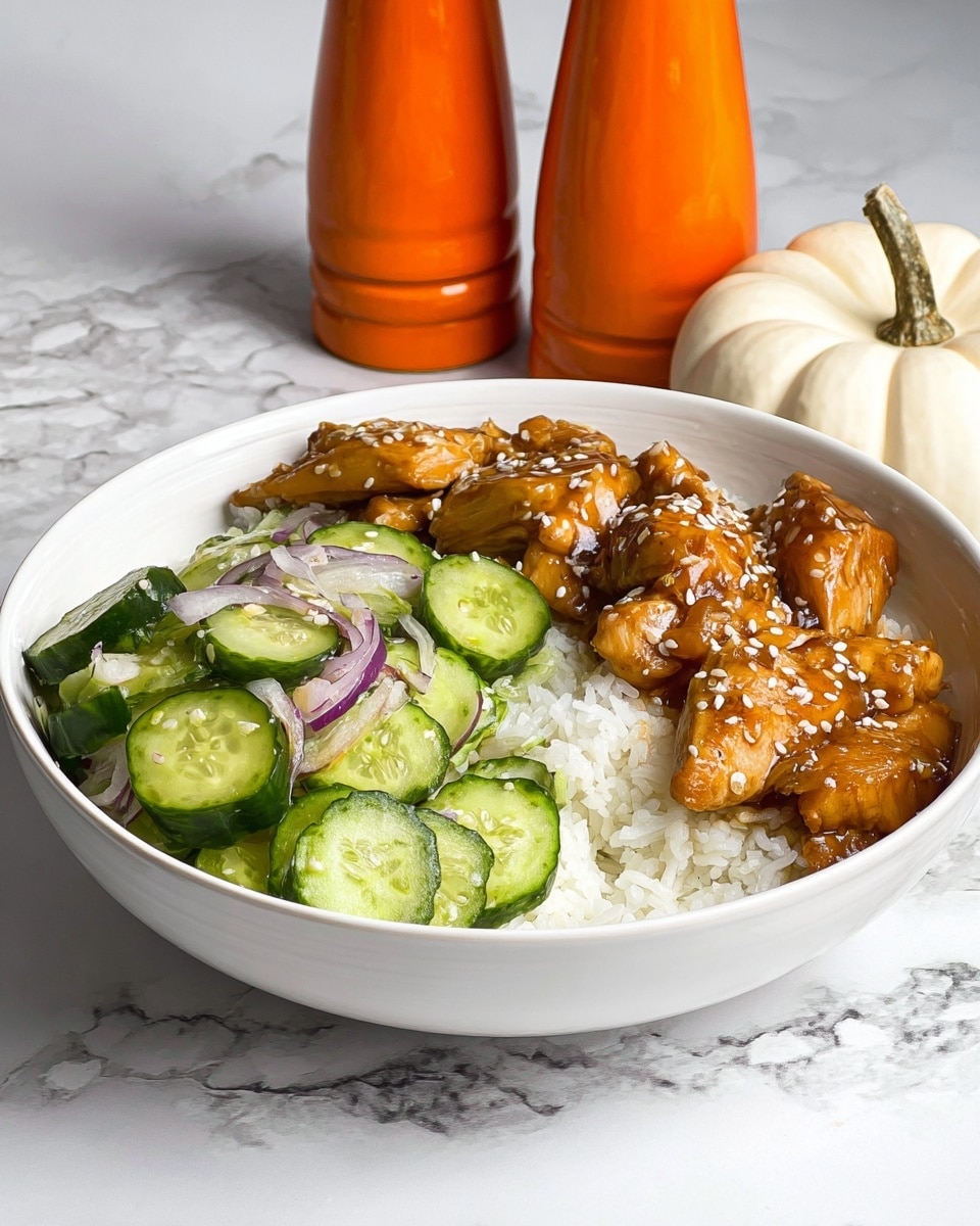 A white bowl with three main layers is shown on a white marbled surface. The bottom layer is white cooked rice, fluffy with visible grains filling the bowl. On the left side, there is a layer of thinly sliced green cucumbers mixed with thin slices of red onion, sprinkled with white sesame seeds and small green herbs. On the right side, there are golden-brown glazed pieces of cooked chicken arranged in a small pile, also sprinkled with white sesame seeds. The colors are fresh and warm, with a focus on the textures of the soft rice, crunchy cucumbers, and glazed chicken. Photo taken with an iphone --ar 4:5 --v 7