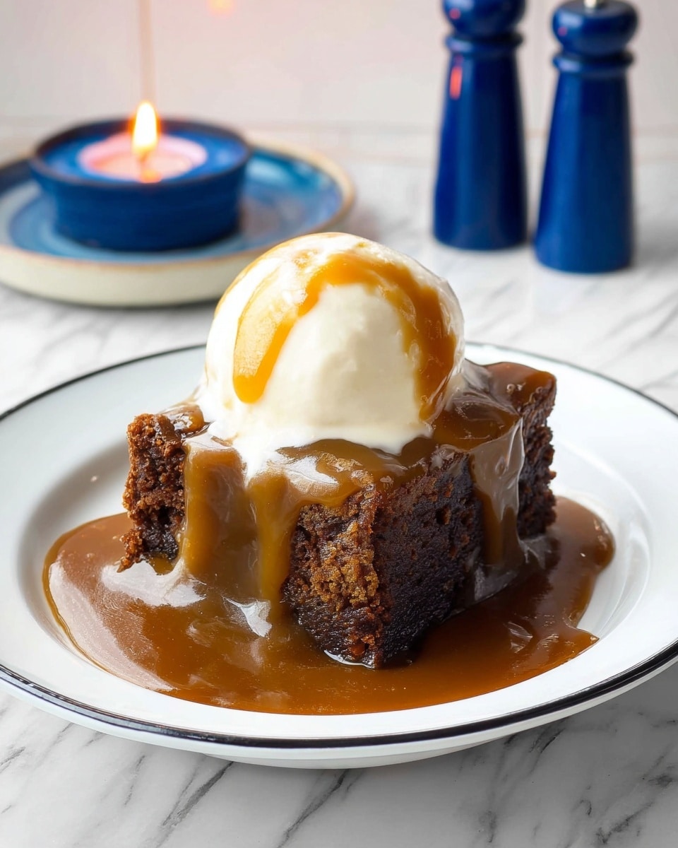 A square piece of dark brown sticky cake sits in the middle of a white plate with a thin black rim, topped with a scoop of creamy white ice cream. Thick caramel sauce in a golden-brown color flows down the sides of the ice cream and cake, pooling around the base on the plate. In the background, there is a small lit candle on a blue dish and two blue salt and pepper shakers on a white marbled surface. The whole scene is bright and clear, showing the moist texture of the cake and the smooth sauce. photo taken with an iphone --ar 4:5 --v 7