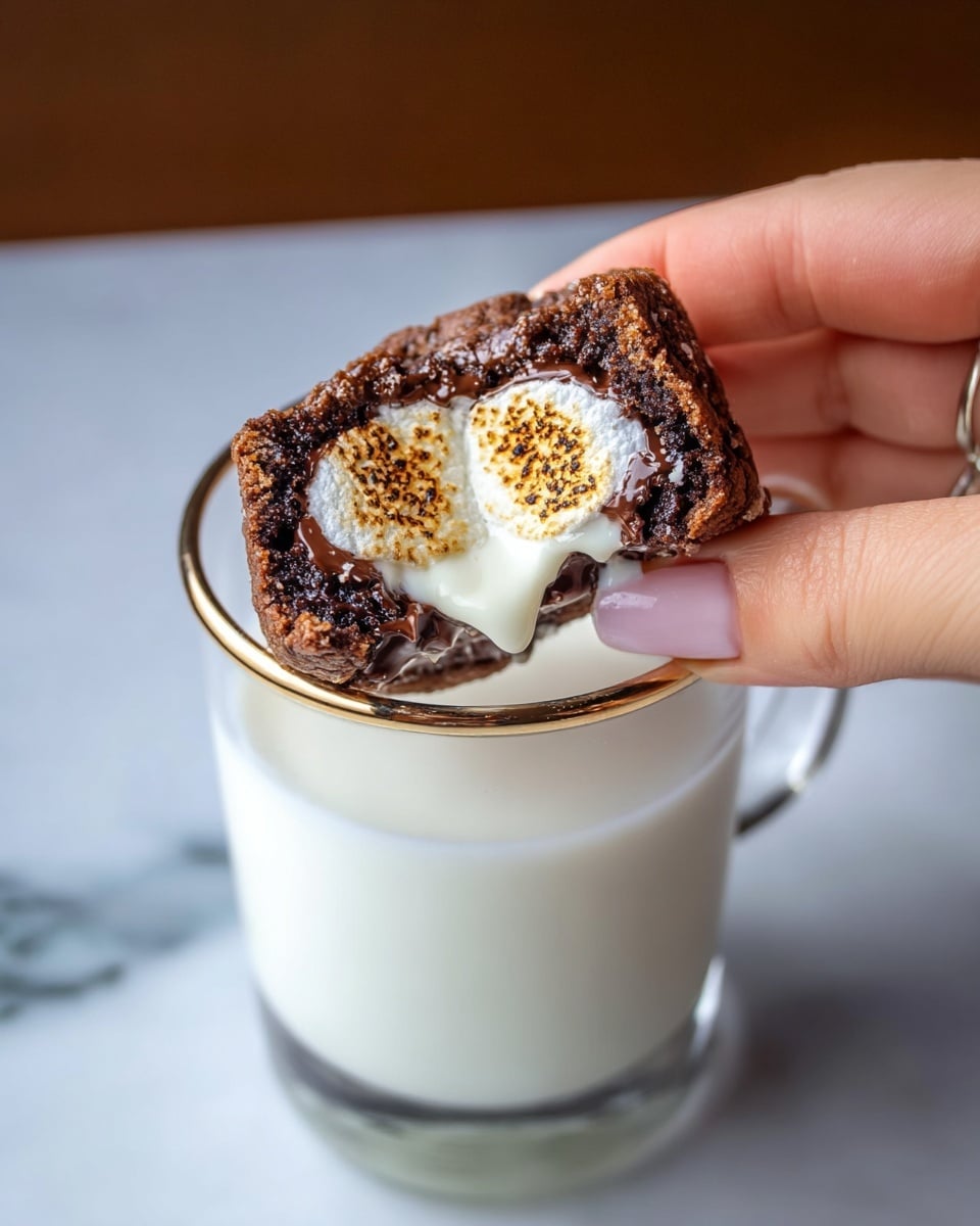 The image shows two thick halves of a chocolate cookie stacked on a wooden surface with a few chocolate chips scattered around. Each cookie has a rich, dark brown outer layer that is soft and slightly cracked, revealing a moist, melted chocolate layer inside. At the center of each cookie half is a large, white marshmallow piece with a toasted texture and small golden brown spots. In the background, there is a glass of milk and a lit candle, both slightly out of focus, against a white marbled textured surface. photo taken with an iphone --ar 4:5 --v 7
