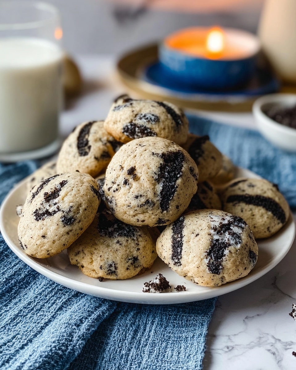 A white plate holds a pile of soft cookies that are light brown with many pieces of black and white cookie bits embedded in them, giving a rough texture with dark spots spread throughout. The cookies are round and slightly puffy, stacked over each other showing different angles and edges. The plate sits on a blue woven cloth on a white marbled surface, with a blurred glass of milk and a lit candle on a blue dish in the background. The scene looks cozy and warm, inviting to try the fresh cookies photo taken with an iphone --ar 4:5 --v 7