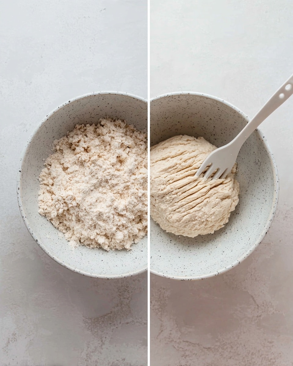 The image shows two side-by-side views of a white bowl with speckles, placed on a white marbled surface. The left side has a layer of crumbly, pale beige flour mixture filling about half of the bowl, with a rough texture and small clumps. The right side shows the same bowl with the mixture now combined into a smooth, pale dough ball, pressed flat with a white fork resting inside the bowl, and fork grooves visible on the dough's surface. Photo taken with an iphone --ar 4:5 --v 7