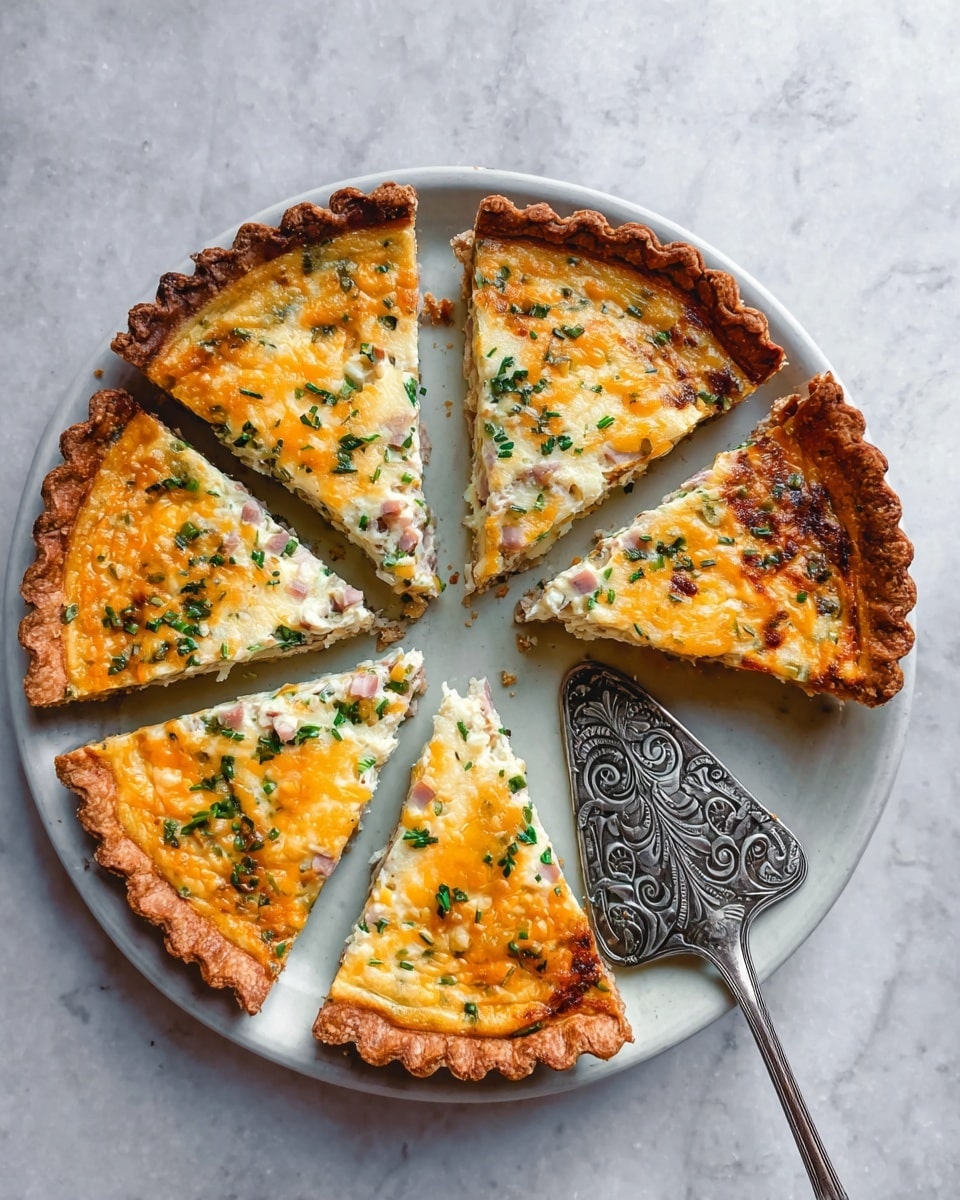 A round quiche is sliced into six pieces on a white plate, placed on a white marbled surface. The quiche has a golden-brown crust with a fork-pressed edge around it. The top layer of the quiche is a mix of lightly browned cheddar cheese and green herbs scattered evenly. Below the cheese layer, a creamy white filling is visible, containing bits of ham and green vegetables. A vintage silver pie server with floral and swirl engravings rests on the plate next to the quiche. Photo taken with an iphone --ar 4:5 --v 7