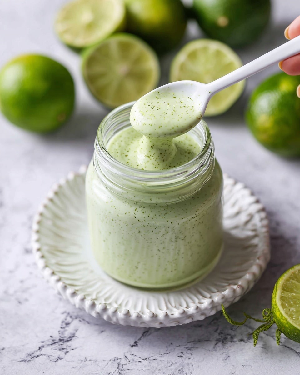 A glass jar filled with light green creamy sauce with small specks of darker green throughout form one thick layer filling the jar. A white spoon held by a woman's hand is lifting some sauce from the jar in the center. Around the jar, there are green limes, some whole and one split in half, showing a pale green inside. The jar sits on a delicate white plate with fine beaded edges placed on a white marbled surface. Photo taken with an iphone --ar 4:5 --v 7