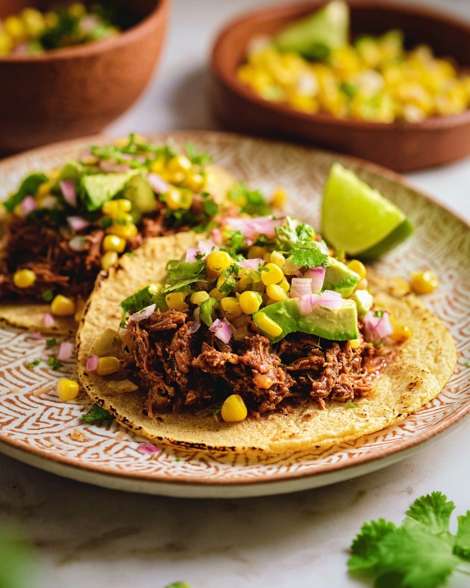 Three tacos lay side by side on a brown patterned plate with yellow and black dots, placed on a white marbled surface. Each taco has one soft, light yellow corn tortilla as its base, filled with shredded brown meat as the first layer. On top, there is a mix of bright yellow corn kernels, small green avocado chunks, finely chopped purple-red onions, and bits of green cilantro leaves scattered across. Two lime wedges and sprigs of cilantro rest on the plate near the tacos. Surrounding the plate are a small green bowl of chopped red onions and a white bowl with extra shredded meat, along with more lime wedges in a dark green bowl. Photo taken with an iphone --ar 4:5 --v 7