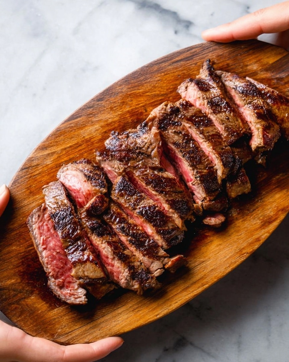 A wooden cutting board with natural patterns holds nine thick slices of cooked steak arranged neatly from top to bottom. Each steak slice shows a range of pink in the center, transitioning to a dark brown, slightly charred outer edge with a glossy, juicy texture. Some slices have a bit of creamy white fat along the edges. Dark reddish-brown juices pool around the steak on the board, creating a rich, moist appearance. The board sits on a white marbled surface. photo taken with an iphone --ar 4:5 --v 7