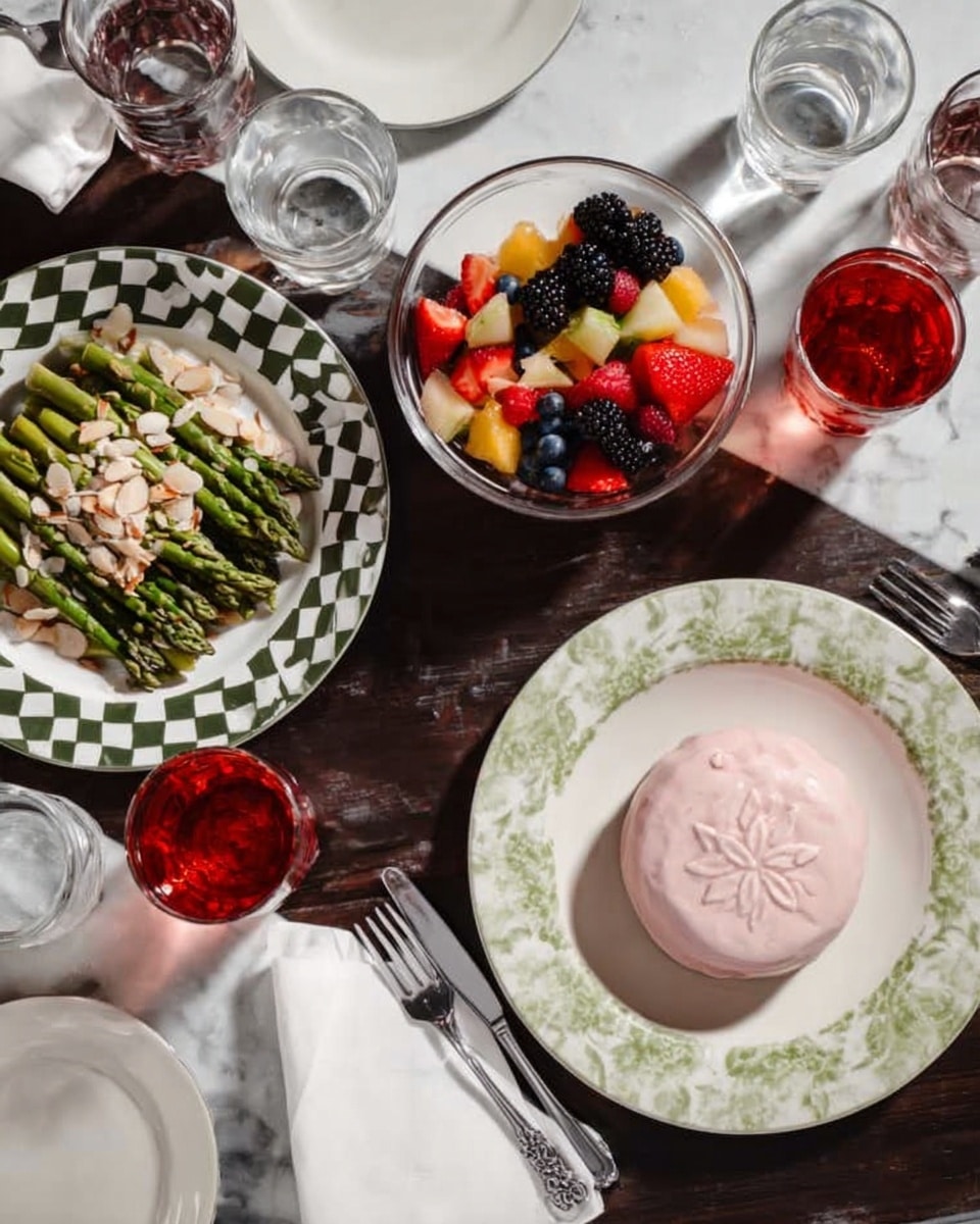 A dark wooden table holds a set of plates and a bowl of food, all arranged neatly. On the bottom left, there is a white plate with a greenish-black checker pattern, filled with cooked green asparagus sprinkled with light-colored almond slices. Above it to the right, a clear glass bowl full of fresh mixed fruit sits, with layers of red strawberries, blackberries, yellow star-shaped fruit, and small pieces of orange and green melon. On the right side, a white plate with a green floral pattern sits on a plain white plate, topped with a light pink, round dessert that has an embossed flower pattern on it. Beside it, a white napkin with a silver fork is placed. Around the plates, there are several clear glasses filled with water and reddish liquid. The whole setting is placed on a white marbled surface. photo taken with an iphone --ar 4:5 --v 7