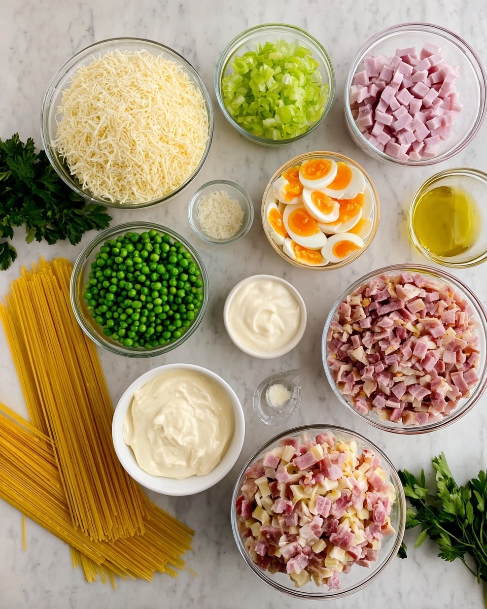 A close-up view of a creamy pasta dish showing one layer of yellow spaghetti coated in a creamy white sauce mixed with small green herb pieces and bits of light pink meat. The pasta is being lifted with a light wooden fork, and the background shows more of the creamy pasta blurred softly. The scene is set on a white marbled surface. photo taken with an iphone --ar 4:5 --v 7