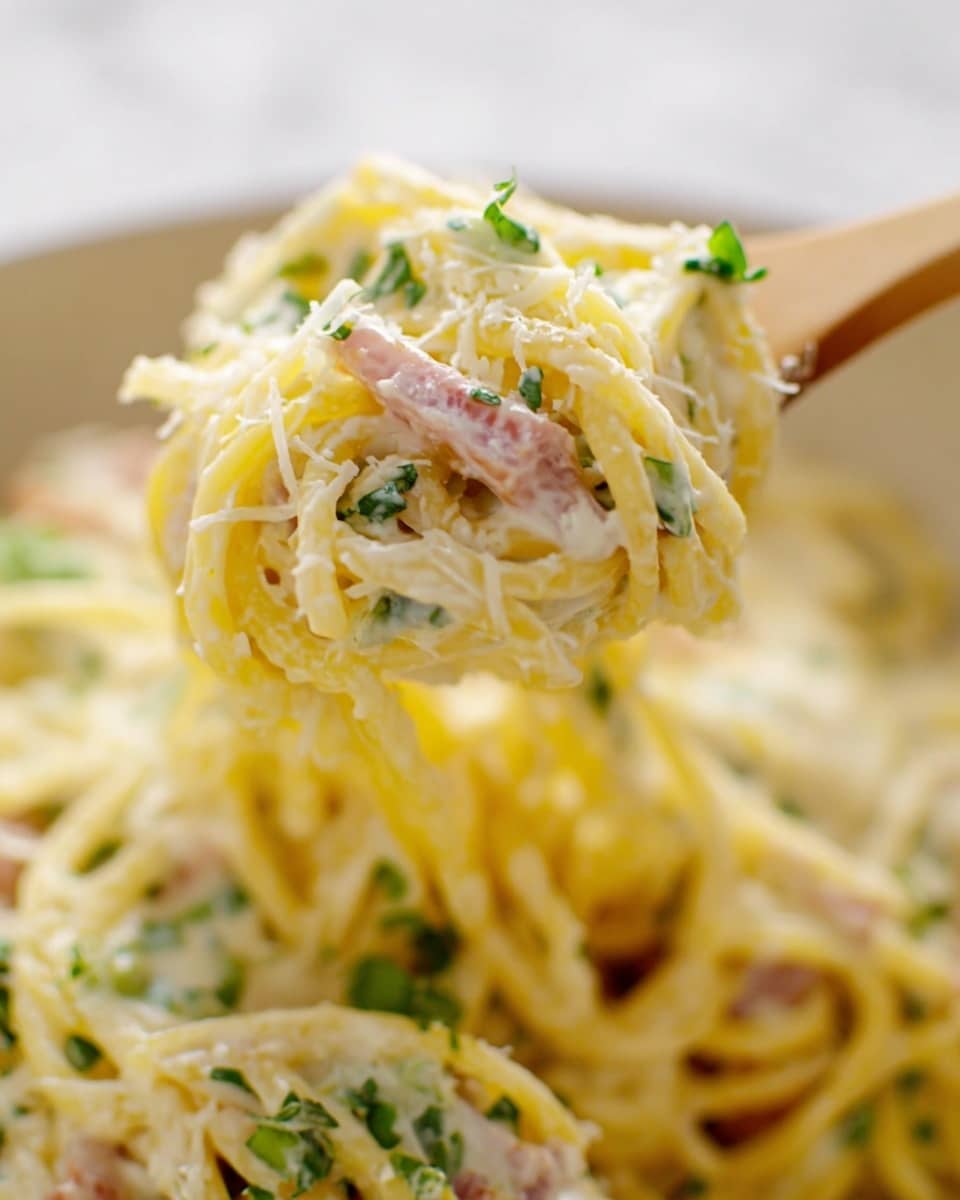This close-up image shows a creamy noodle salad with three main visible layers: thin yellow noodles form the base layer, mixed with small bright green peas giving pops of color. There are also small cubes of pale beige and light green celery scattered throughout, adding texture. Tiny bits of reddish-brown bacon pieces and soft white cheese cubes are mixed in evenly. The entire dish has a creamy light yellow dressing coating all ingredients. The photo is taken on a white marbled surface, photo taken with an iphone --ar 4:5 --v 7