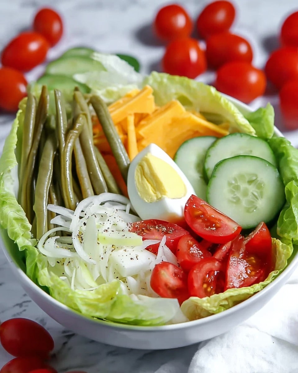 The image shows a white bowl filled with a fresh salad. The bottom layer is bright green butter lettuce leaves wrapping the bowl. Inside, on the left side, there are several long, thin green beans standing upright. Next to the beans, there is a layer of orange-yellow cheese slice. In the middle, a half of a boiled egg with a yellow yolk is placed. Around the egg, slices of light green cucumber with dark edges sit on the right side. In front of the egg and cucumbers, there are wedge-shaped slices of red cherry tomatoes. Thin white onion slices and shredded white cabbage are layered on the front side. The salad is sprinkled with black pepper. The bowl sits on a white marbled surface with scattered red cherry tomatoes and sliced cucumber in the background. Photo taken with an iphone --ar 4:5 --v 7