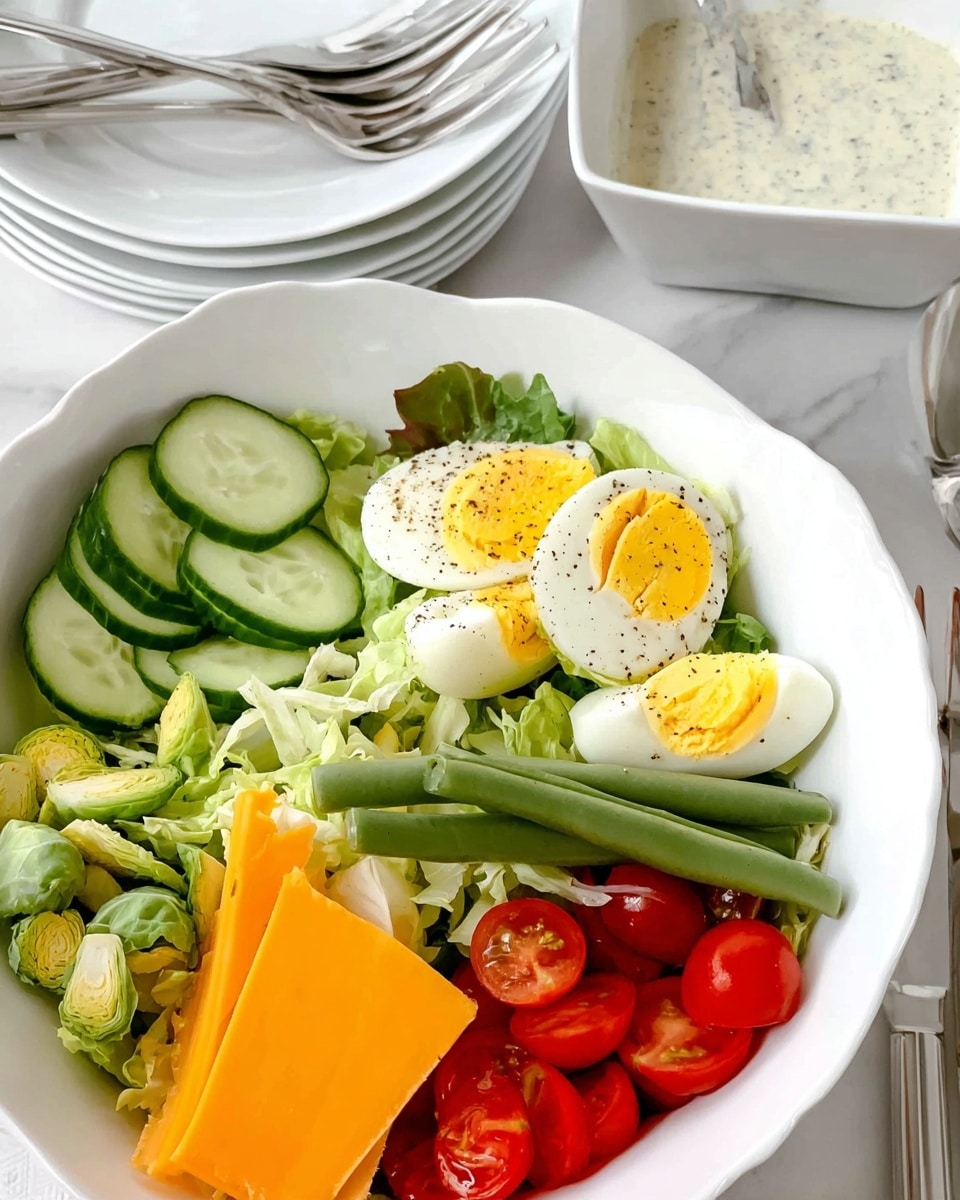 A fresh salad served in a white bowl on a white marbled surface, with a base layer of bright green lettuce leaves spread across the bottom; on top, there are bright orange carrot slices on the left side, vibrant red halved cherry tomatoes in the center, and fresh cucumber slices with green skin on the right side; three long green beans lie diagonally across the middle; near the top, four halves of hard-boiled eggs with firm whites and slightly soft yellow yolks sprinkled with black pepper; thin white onion slices are placed toward the bottom right; everything looks fresh and lightly seasoned with black pepper, photo taken with an iphone --ar 4:5 --v 7