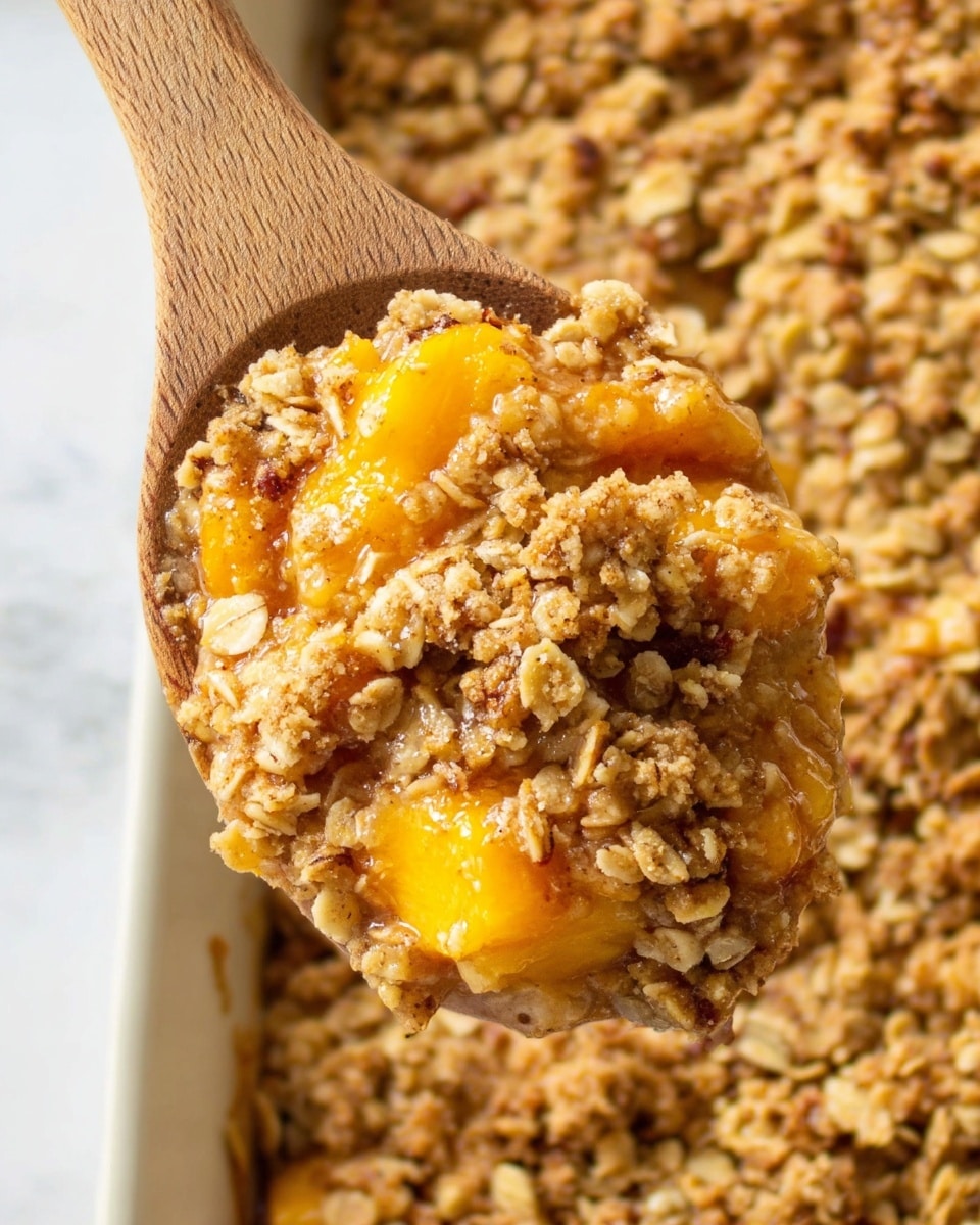 A close-up shows a wooden spoon holding a chunky, crumbly oat mixture with soft orange fruit pieces peeking through it. The oat layer is light brown with textured oats, nuts, and crumbly bits. The fruit chunks are bright orange and look juicy, scattered inside the oat topping. In the background, more of this oat and fruit mixture fills a baking dish, blending softly with the white marbled surface underneath. The whole scene is warm and cozy. photo taken with an iphone --ar 4:5 --v 7