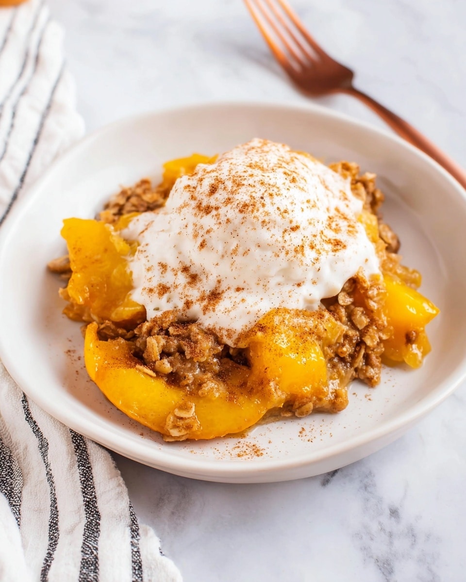 A white plate holds a warm dessert with two main layers: the bottom layer is chunky with bright orange peach slices mixed with a brown, crumbly oat topping that looks soft and textured. On top of this layer is a generous scoop of smooth white ice cream sprinkled lightly with brown cinnamon powder. The plate sits on a white marbled surface with a copper fork resting on a white cloth with black stripes nearby. Photo taken with an iphone --ar 4:5 --v 7