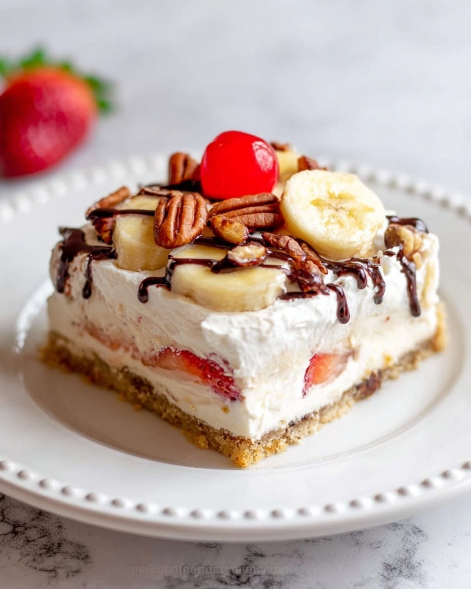 The image shows a square slice of layered dessert on a white plate with a dotted rim, resting on a white marbled surface. The bottom layer is a crumbly, light brown crust. Above this is a creamy white layer with visible slices of banana and strawberries embedded inside. On top sits a thick layer of fluffy white cream, decorated with whole banana slices, a cherry, and strawberry pieces. There are small pieces of pecans scattered on the cream layer, and thin drizzles of chocolate sauce run over the fruit and nuts. Photo taken with an iphone --ar 4:5 --v 7