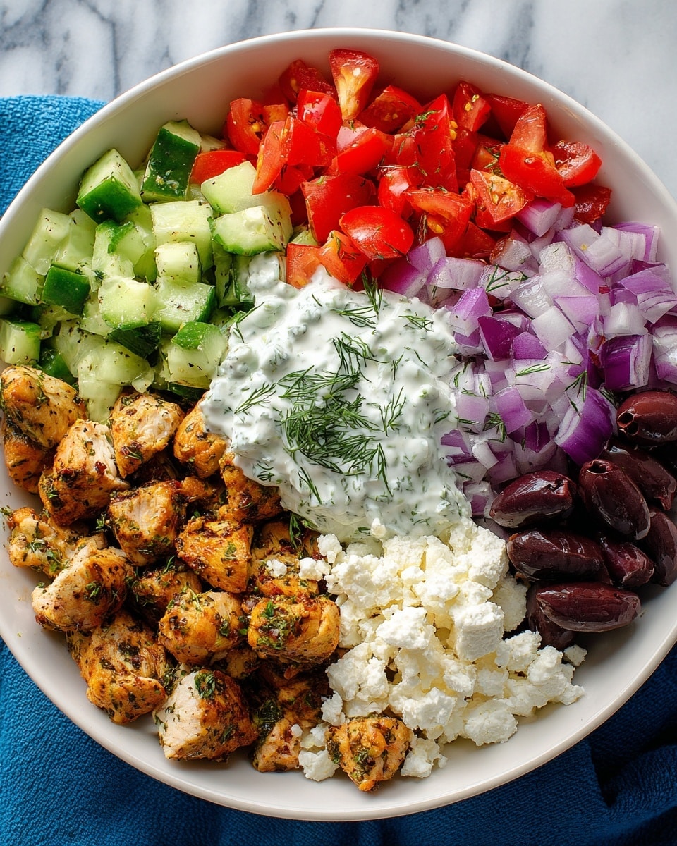 A white bowl with five layers of food is placed on a blue cloth over a white marbled surface. The bottom left layer has golden brown cooked pieces, sprinkled with green herbs. Above this, there are chopped light and dark green cucumber cubes. To the right of the cucumbers, there is a layer of small red diced tomatoes. Next to the tomatoes is a small pile of finely chopped light purple onions. In the center, sitting on the cooked pieces, is a creamy white sauce with green herbs mixed in, topped with a small green herb garnish. Dark purple olives and crumbled white cheese are visible on the right edge. photo taken with an iphone --ar 4:5 --v 7