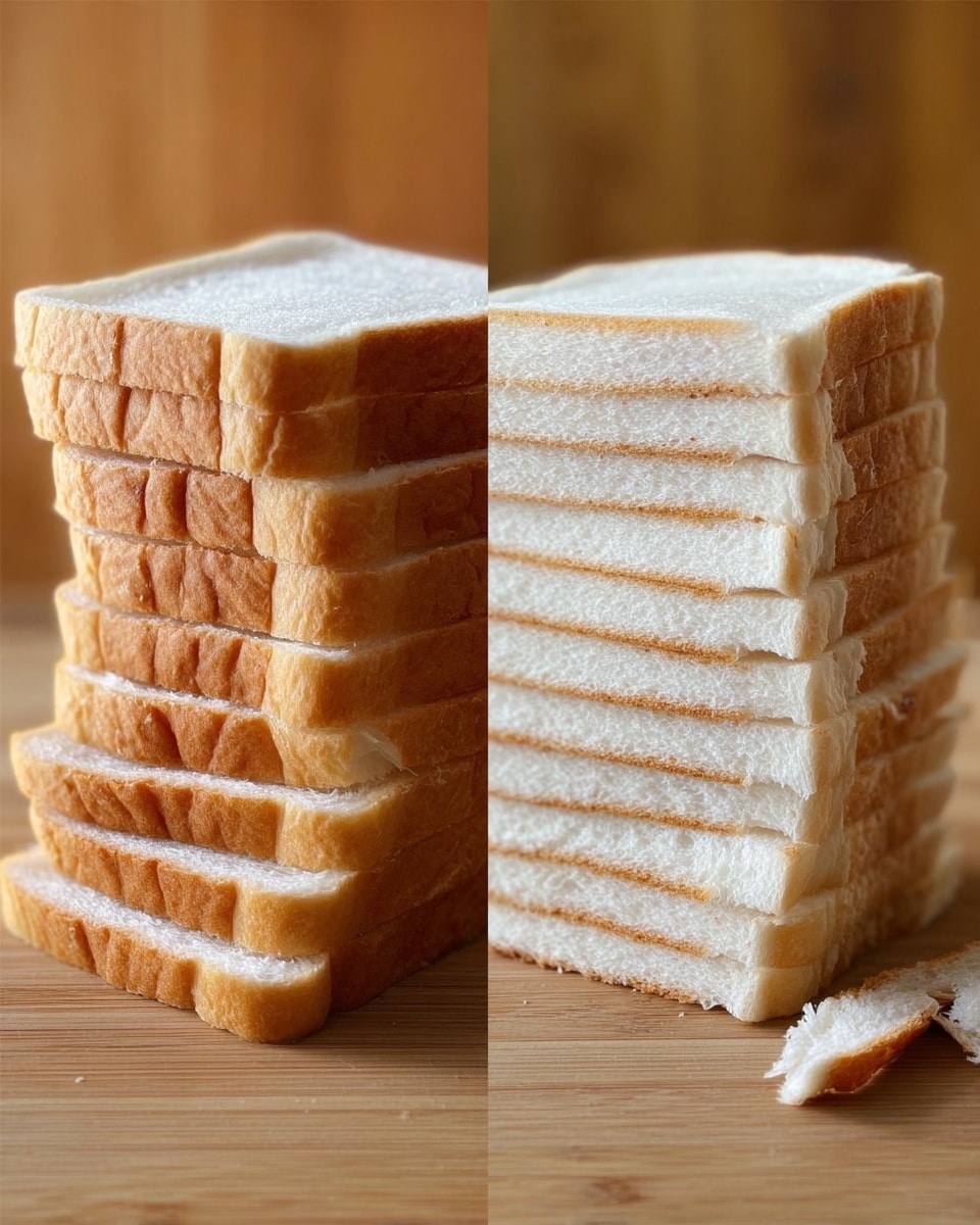 The image shows two stacks of sliced white bread placed side by side on a light wooden surface. The left stack is made up of slices with crusts, six layers tall, showing a light brown crust around the edges and soft white inside. The right stack has seven similar slices but with the crusts removed, creating a clean white edge with slightly rough texture on all sides. Both stacks have a simple, soft look and there are some small torn-off pieces of bread next to the right stack. The background has a blurred warm tone. photo taken with an iphone --ar 4:5 --v 7