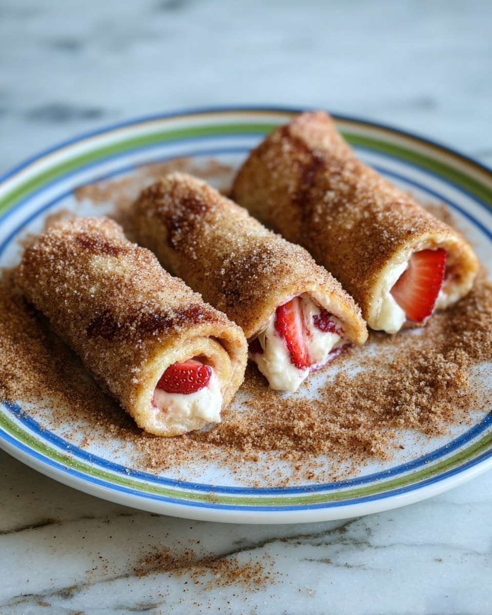 There are seven golden-brown rolled sticks with a slightly crispy texture stacked in two layers on a white plate. Each roll shows red strawberry pieces peeking out from the center. The rolls are sprinkled lightly with powdered sugar. On the plate, beside the rolls, are two whole red strawberries with green leafy tops, placed on a white marbled surface in soft light. Photo taken with an iphone --ar 4:5 --v 7