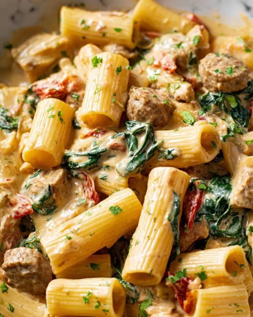 Creamy Sausage Pasta with Roasted Red Peppers and Spinach Recipe