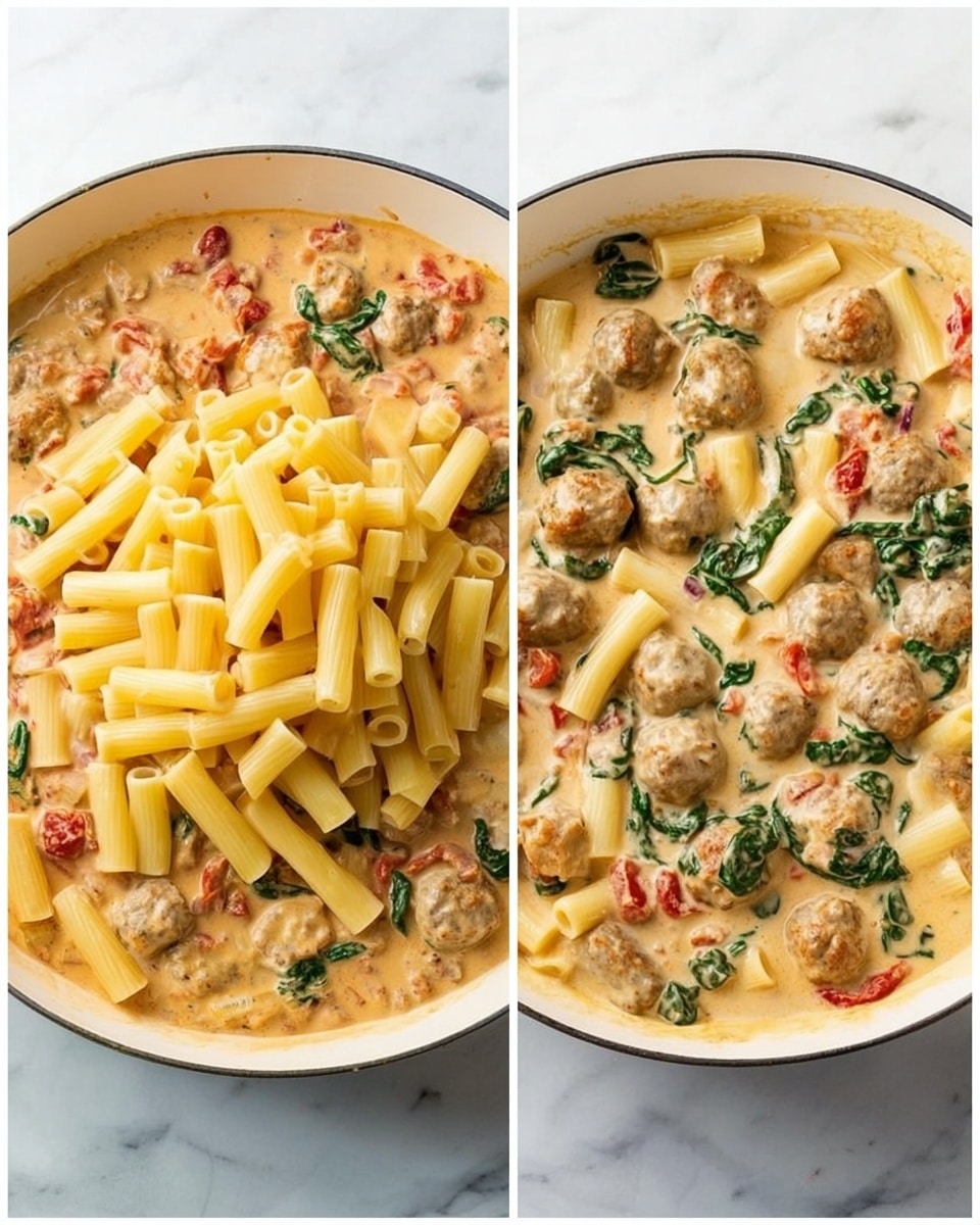 The image shows two white pans placed side by side on a white marbled surface, each filled with a creamy pasta dish. The left pan has a base layer of light orange creamy sauce mixed with small beige meatballs, bits of red tomato, and green spinach leaves. On top, there is a large heap of yellow ridged rigatoni pasta stacked in the center. The right pan shows the same pasta mixed fully into the creamy sauce, with the sauce coating the rigatoni and meatballs evenly. The ingredients are spread throughout, creating a thick, creamy texture with a mix of yellow pasta, light brown meatballs, red tomato pieces, and dark green spinach visible. The photo taken with an iphone --ar 4:5 --v 7
