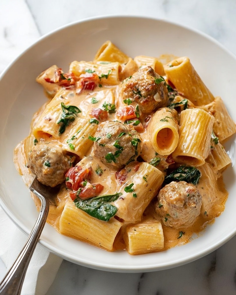 This image shows a close-up of rigatoni pasta mixed in a creamy sauce. The rigatoni pieces are thick and light yellow, covered in a smooth, beige sauce. Small round meat pieces are scattered throughout, browned and coated in the sauce. There are dark green spinach leaves folded within the pasta, mixed with small bits of red, likely tomato pieces. Some fresh chopped green herbs are sprinkled on top, adding color contrast. The background is a white marbled texture. photo taken with an iphone --ar 4:5 --v 7