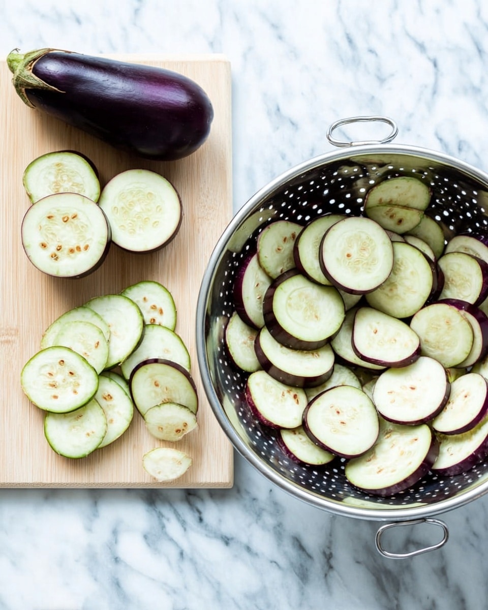 The image shows two parts: on the left, a whole dark purple eggplant and half of it lying on a white wooden cutting board, with several round light green slices with purple edges placed neatly beside it. The cutting board is on a white marbled surface. On the right, many of these round eggplant slices are in a round silver metal colander, showing their light green insides marked with small brown seeds and darker purple edges. The colander is also on a white marbled surface. photo taken with an iphone --ar 4:5 --v 7