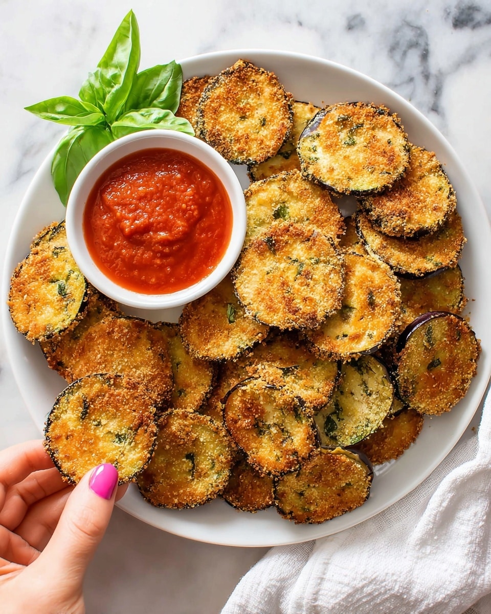 A white round plate filled with about twenty round slices of golden-brown crispy fried eggplant with green herbs mixed in the coating. The eggplant slices are stacked showing their dark purple skin edges. In the upper middle of the plate is a small white bowl filled with bright red marinara sauce, with one eggplant slice partially dipped in it. A fresh green basil sprig with large leaves decorates the plate near the bowl. A woman's hand with pink nails is holding one eggplant slice over the bowl. The plate sits on a white marbled surface with a white cloth napkin to the right. Photo taken with an iphone --ar 4:5 --v 7