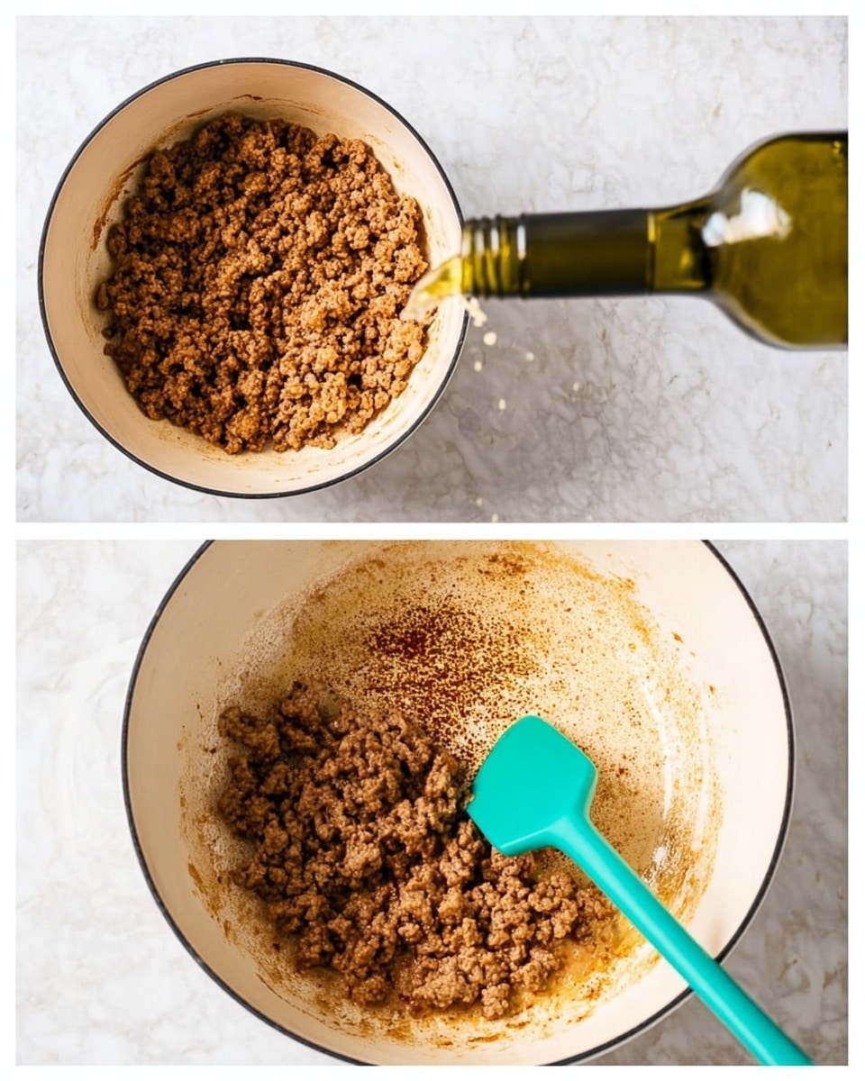 The first image shows cooked ground meat with a light brown color and crumb texture inside a round white pot with dark edges; a turquoise silicone spatula is stirring the meat, positioned towards the right side of the pot. The second image features the same white pot with browned residue on one side, and clear olive oil being poured from a green bottle, shining in the light. Both images have a white marbled surface background. photo taken with an iphone --ar 4:5 --v 7
