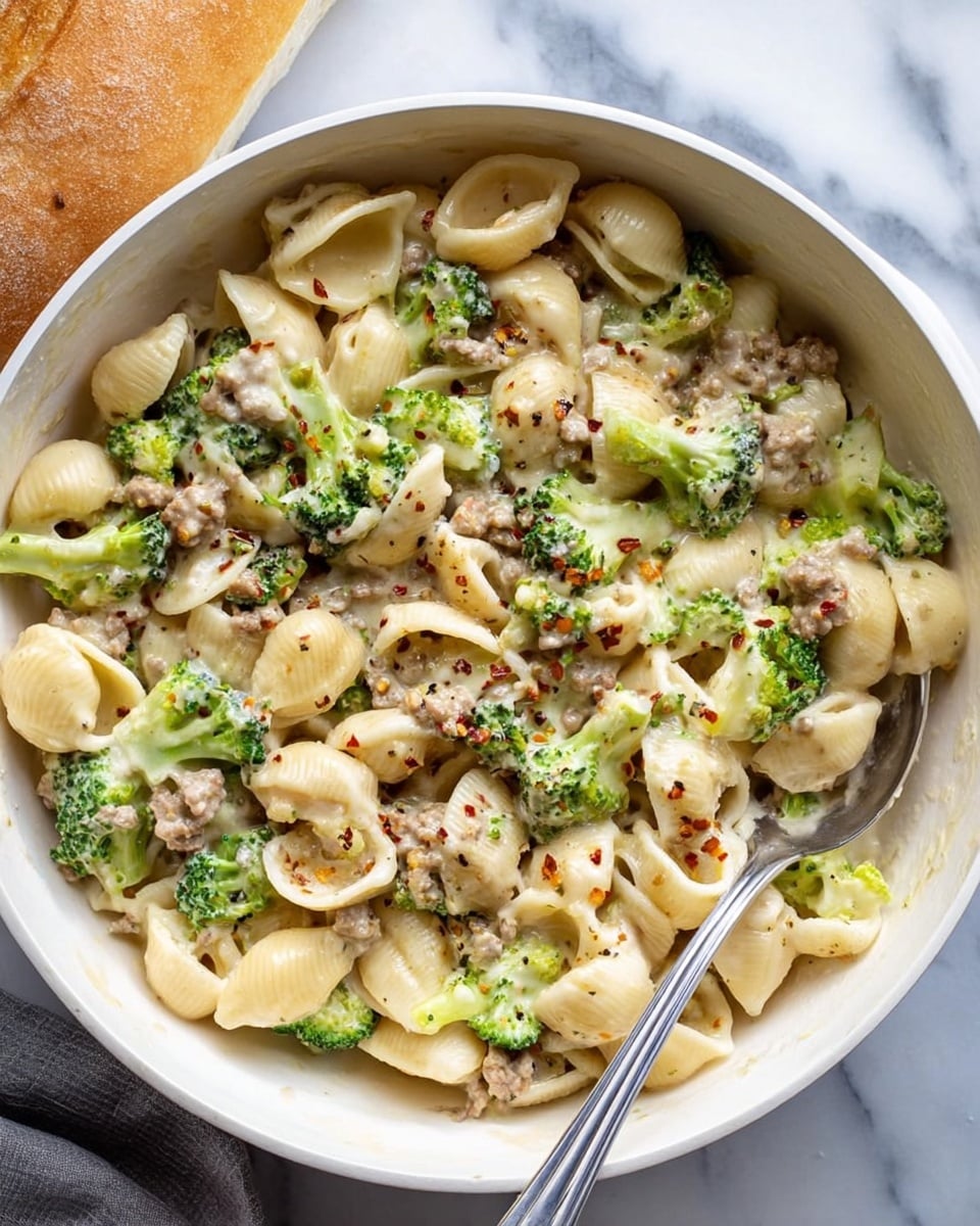 The image shows a white bowl filled with three layers: soft shell pasta shells that are pale yellow and smooth, bright green broccoli florets with a textured surface, and small pieces of light brown ground meat. All are mixed and covered in a creamy, light beige sauce with tiny dark specks and red chili flakes scattered throughout. The bowl sits on a white marbled surface with a blurred white cloth napkin and bread in the background. Photo taken with an iphone --ar 4:5 --v 7
