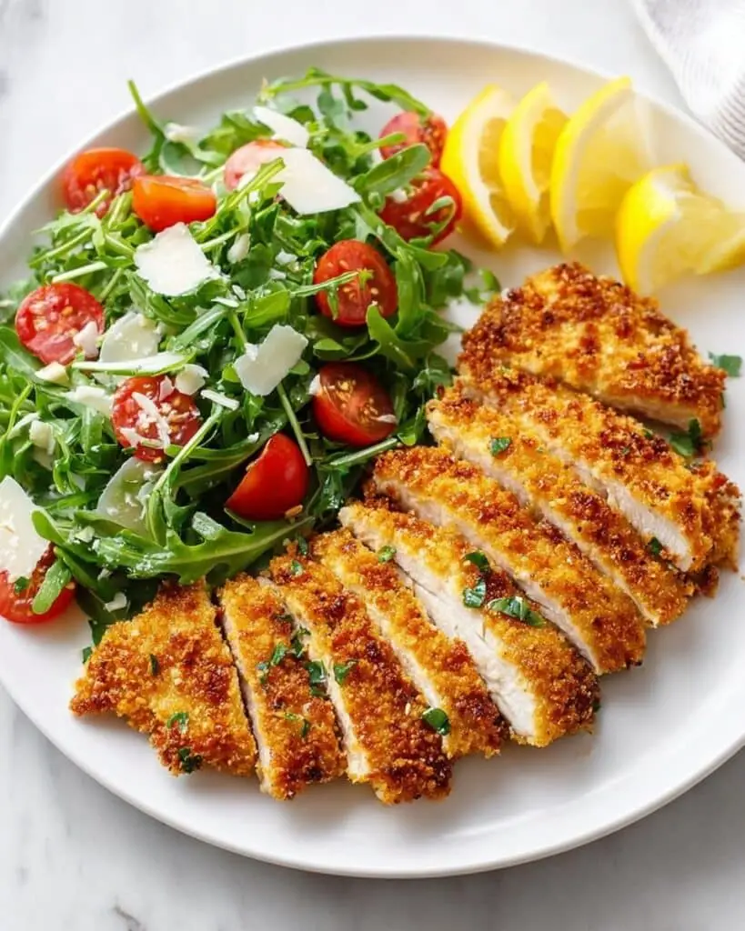Crispy Chicken Milanese with Arugula, Tomatoes, and Parmesan Recipe
