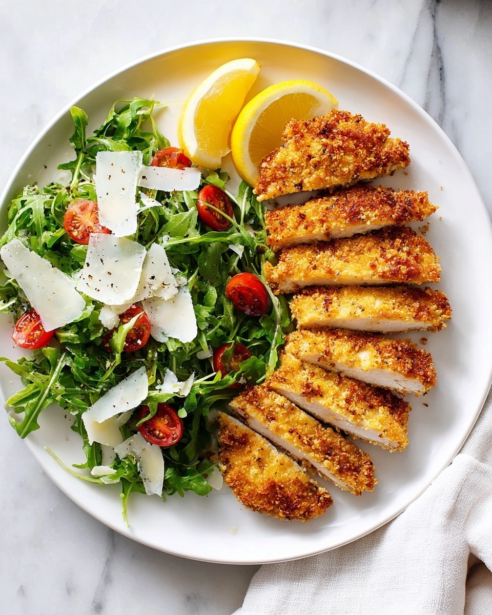 A white plate on a white marbled surface holds a meal with two main parts. On the right side, there are seven golden-brown slices of crispy breaded chicken arranged in a slightly fanned out line, showing the white tender inside of the chicken. Above these slices are two lemon wedges with bright yellow color. On the left side of the plate, there is a fresh green salad made of dark green arugula leaves mixed with halved red cherry tomatoes and topped with white shaved cheese pieces. The salad looks sprinkled with black pepper. In the top right corner, part of a white cloth napkin is visible. photo taken with an iphone --ar 4:5 --v 7