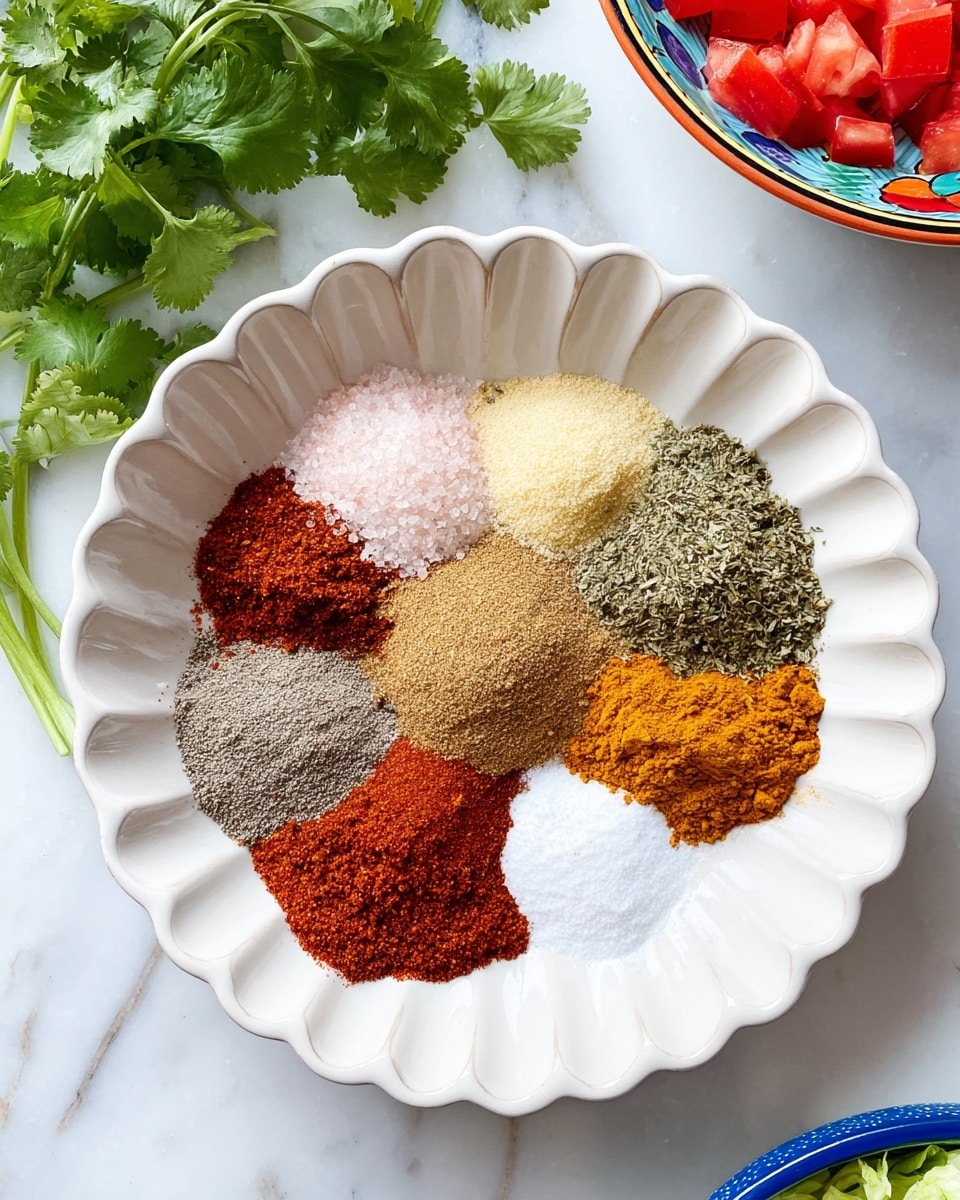 A white fluted bowl holds nine separate piles of spices arranged in a circle. Starting from the top, there is a light pink salt, next to it a pale yellow granulated seasoning, a green dried herb pile, a light tan granular spice, a gray-ground spice, a white powder, a deep red paprika, a mustard yellow spice, and a small pile of orange-red powder near the center. The bowl rests on a white marbled surface, with green cilantro leaves at the top left corner and parts of colorful bowls with chopped lettuce and red diced tomatoes partly visible at the top edges. Photo taken with an iphone --ar 4:5 --v 7