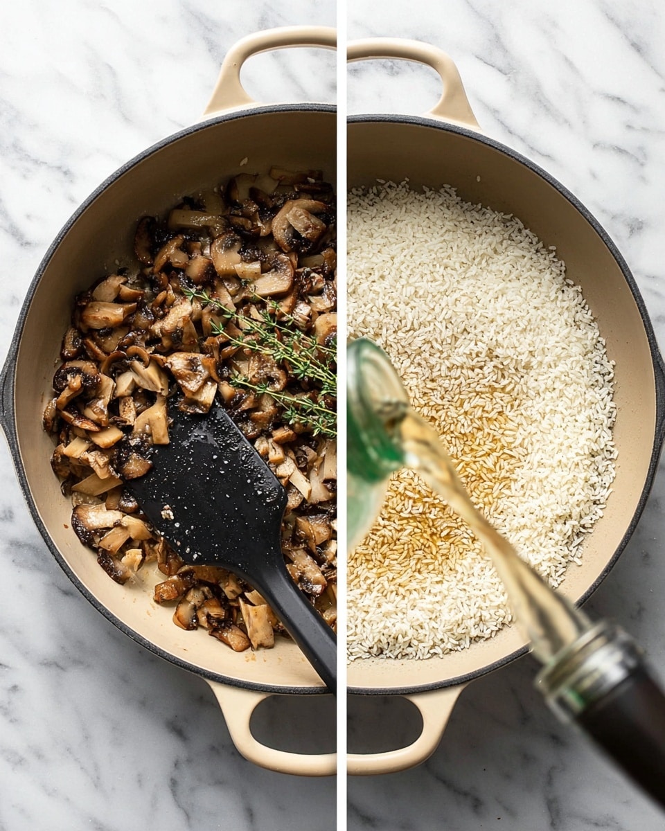 The image shows two side-by-side views of a beige handled pan on a white marbled surface. On the left, the pan holds cooked, chopped mushrooms that are light to dark brown with a slightly shiny texture and a small sprig of green herbs on top; a black spatula is resting inside the pan. On the right, the same pan contains white rice grains being cooked, with a slow pour of clear liquid from a green-tinted bottle blending with a light golden broth in the pan, creating a steamy effect above. Both scenes focus on the layers of cooking contents with clear textures and natural colors. Photo taken with an iphone --ar 4:5 --v 7