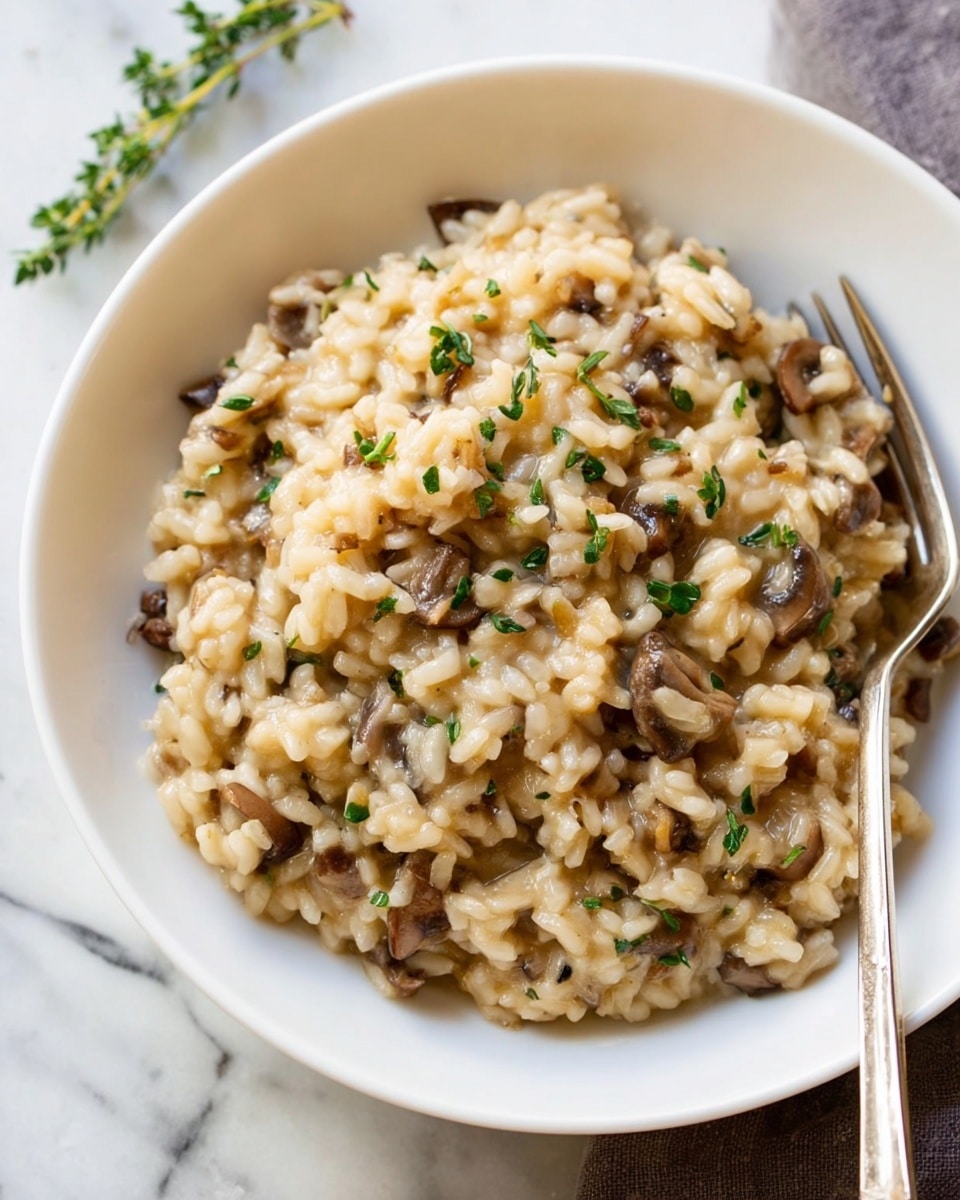 A close-up of a black pan filled with creamy risotto, mixed with small and large pieces of brown mushrooms evenly spread throughout the rice, all glistening in a light sauce. The risotto has a soft texture with rice grains visible and specks of green herbs scattered on top. A black spoon is scooping some of the risotto from the right side, showing the creamy consistency. Fresh green thyme sprigs rest on the top left inside the pan. The pan sits on a white marbled surface with a white cloth and a few thyme sprigs in the background. photo taken with an iphone --ar 4:5 --v 7