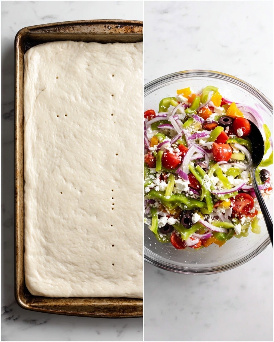 On the left side, there is a rectangular baking tray with a thick layer of pale, smooth dough stretched evenly across the tray, with small, neat fork holes dotting the surface in a pattern. On the right side, there is a clear glass bowl filled with a colorful mix of chopped vegetables and cheese: bright red cherry tomatoes, sliced green peppers, thin purple onion slices, light yellow pepper rings, dark purple olives, and crumbled white cheese, all mixed together with some visible seasoning and a black spoon resting inside. The whole scene is placed on a white marbled surface photo taken with an iphone --ar 4:5 --v 7
