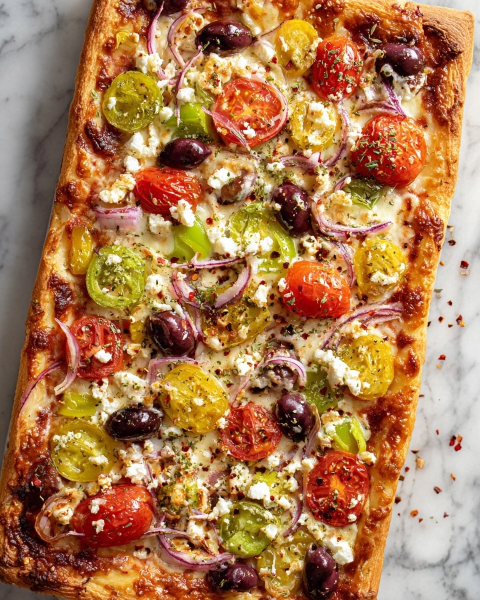 A rectangular pizza with a thick golden-brown crust on the edges lays on a white marbled surface; the pizza has a base of melted white cheese with an even layer of light red tomato sauce underneath, topped with bright red cherry tomato halves, dark purple olives, thin green pepper slices, pale yellow sliced peppers, small white cheese crumbles, and thin strands of red onion scattered over, with a light sprinkle of herbs and red chili flakes across the surface. photo taken with an iphone --ar 4:5 --v 7