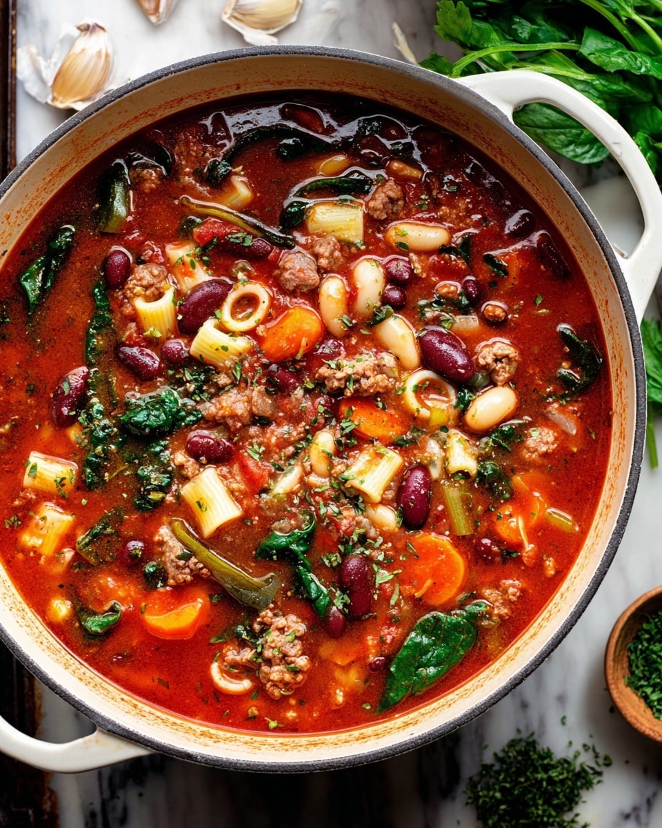 A close-up view of a white enameled pot filled with a thick tomato-based soup. The soup has multiple layers with visible chunks of orange carrot, green celery, bright green spinach leaves, dark red kidney beans, white beans, small round pasta, and crumbly brown meat pieces all mixed in a rich red broth. There are small bits of green herbs sprinkled on top and around the ingredients. The pot is set on a white marbled surface with some garlic cloves and small bowls with green herbs nearby. Photo taken with an iphone --ar 4:5 --v 7