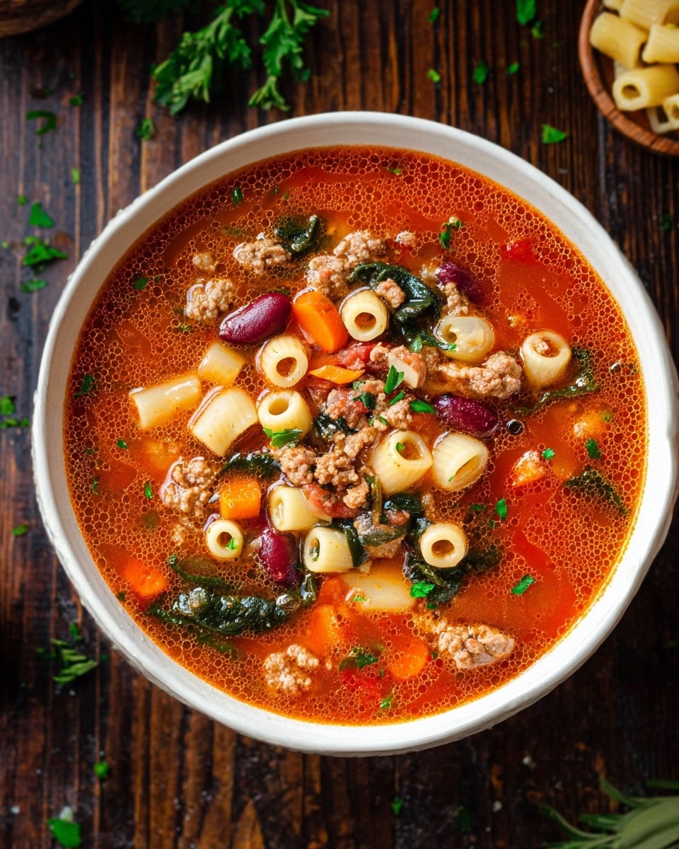 A white bowl is filled with a rich red-orange soup with a slightly oily surface, showing visible bubbles that add texture. It has a mix of small, round pasta tubes that are pale yellow, chunks of cooked ground meat in brown, kidney-shaped dark red beans, white beans, small pieces of orange carrot, and dark green leafy vegetables set throughout. The soup is garnished with small green herb pieces scattered on top. The bowl sits on a dark wooden table with a few scattered green herbs around. Photo taken with an iphone --ar 4:5 --v 7