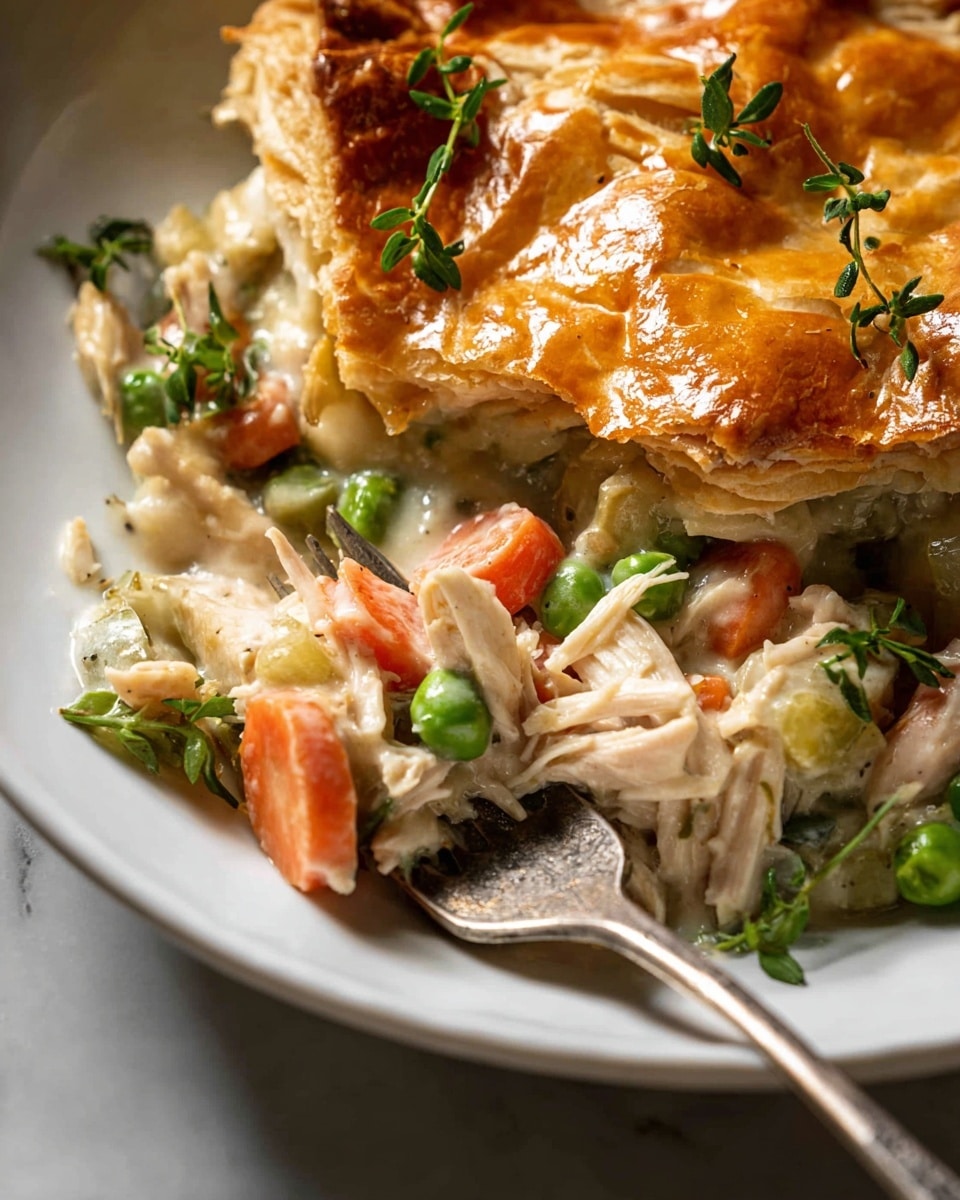 A round skillet filled with a layered golden brown pie, where the top crust is shiny and slightly puffed with a rich toasted color that varies from light to dark brown. The crust is divided into square and triangular sections, and some melted cheese or sauce can be seen oozing slightly around the edges beneath the crust. Small sprigs of fresh green herbs are scattered over the top. Surrounding the skillet are fresh herbs, a carrot, and some garlic, all placed on a white marbled surface. Photo taken with an iphone --ar 4:5 --v 7
