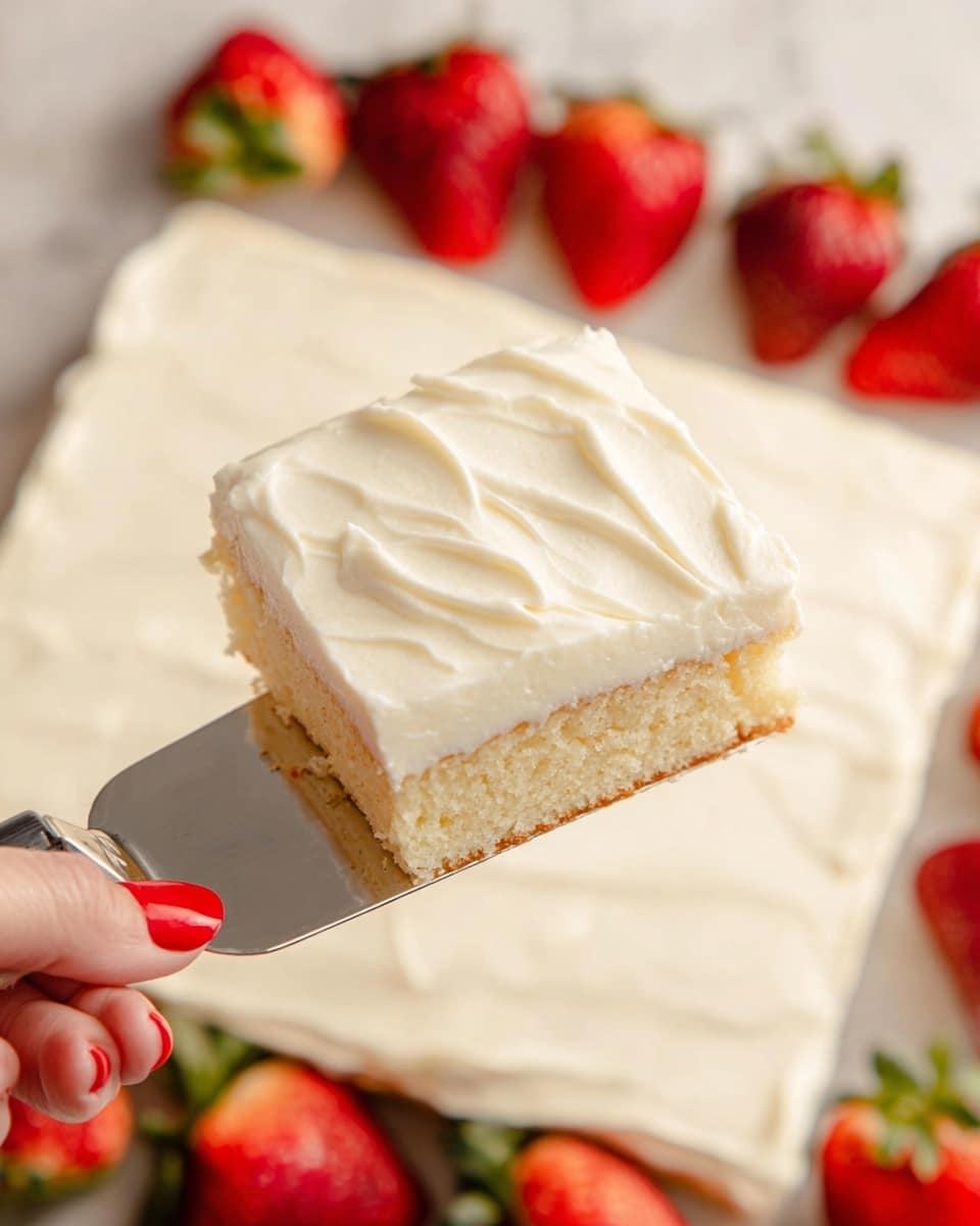 The image shows a single-layer round cake with a soft yellow sponge base. The cake is topped with a thick, smooth white cream spread evenly across the surface. Fresh red strawberries, some whole with green stems and some sliced in halves, are placed on top of the cream in a neat arrangement. A silver spatula is lifting a piece from the cake, revealing the moist texture of the sponge. The cake is set against a white marbled surface. photo taken with an iphone --ar 4:5 --v 7
