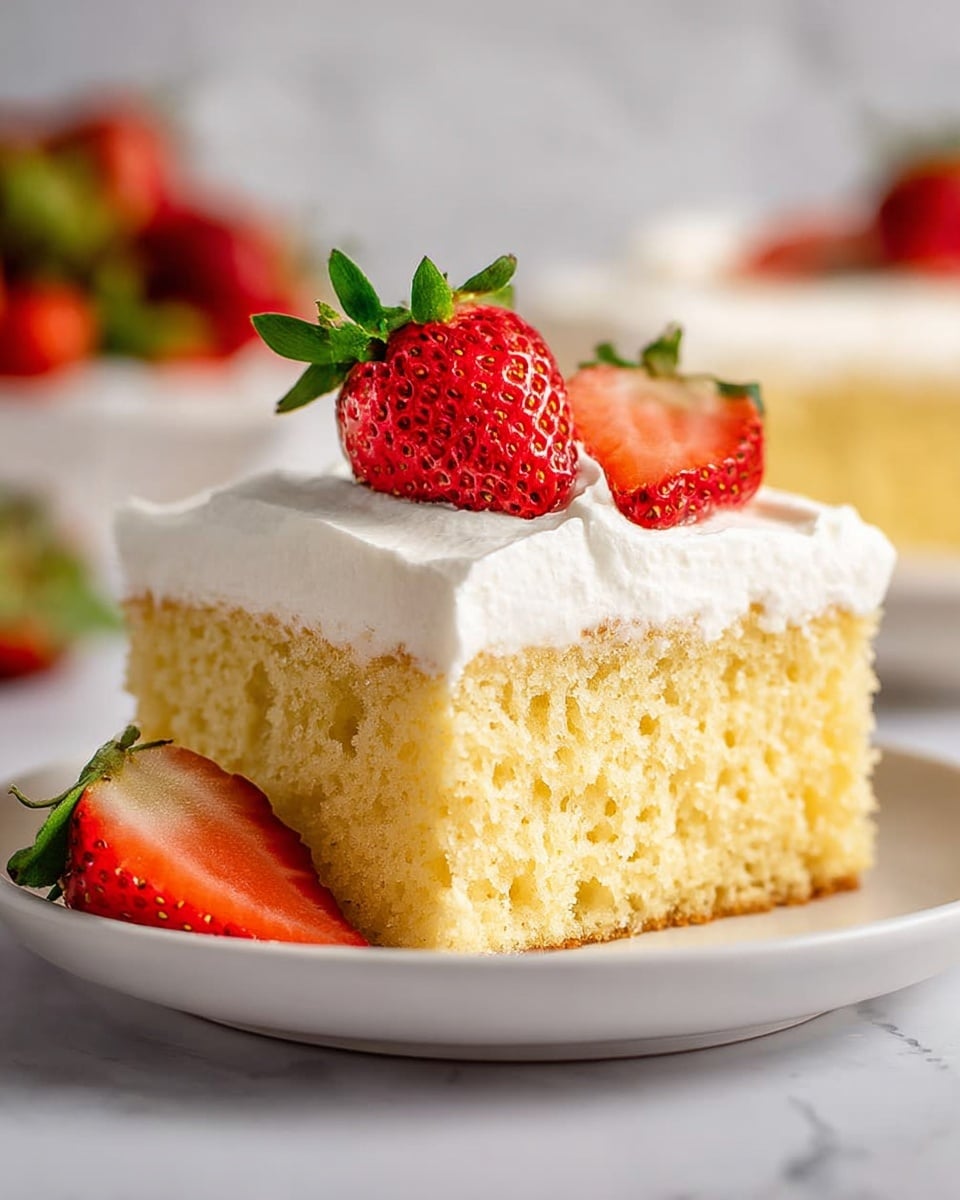 A piece of moist yellow sponge cake with visible small air holes forms the bottom layer, topped by a thick, smooth white whipped cream layer. On top, three fresh strawberries are placed: one whole strawberry in the center with its green leaves, one half strawberry leaning on it, and another half strawberry placed on the white plate next to the cake slice. The white plate rests on a white marbled surface with a blurred background hinting at more strawberries. The light is soft, highlighting the creamy texture and juicy strawberries. Photo taken with an iphone --ar 4:5 --v 7