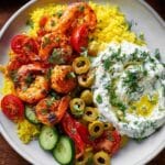 Greek Shrimp with Lemon Rice and Creamy Tzatziki Recipe
