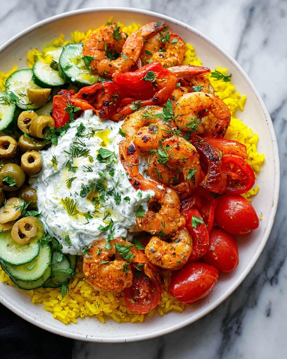 A white plate holds a colorful dish with four main layers: at the bottom is a layer of bright yellow rice; on top of the rice, there are grilled shrimp with a slightly charred orange-brown color, along with slices of green olives, red roasted peppers, halved red and yellow cherry tomatoes, and thin green cucumber slices; on one side, a pile of creamy white yogurt sauce speckled with chopped herbs and drizzled with olive oil adds a smooth texture; fresh green herbs are scattered over the whole dish. The plate is placed on a white marbled surface. photo taken with an iphone --ar 4:5 --v 7