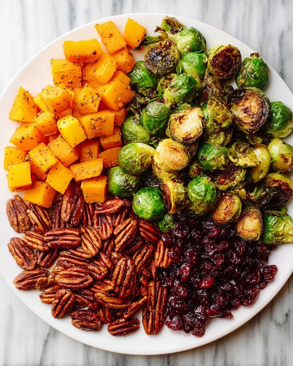 The image shows a white round plate with four groups of food arranged side by side. At the top right, there are many roasted Brussels sprouts, green with dark brown char marks. To the left of the Brussels sprouts, there are small orange cubes of cooked squash with some seasoning. Below the squash, there is a pile of roasted pecans, deep brown with a shiny surface. Next to the pecans, at the bottom right, there is a small group of dark red dried cranberries. The plate sits on a white marbled surface. Photo taken with an iphone --ar 4:5 --v 7