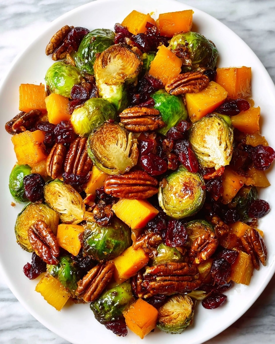A white plate filled with roasted Brussels sprouts with a crisp brown char on the outside, mixed with chunks of golden-brown roasted butternut squash, deep red dried cranberries, and whole toasted pecans that are shiny and textured. The dish is colorful with the green of the Brussels sprouts, orange-yellow of the squash, red of the cranberries, and the rich brown of the pecans. The white plate sits on a white marbled surface, making the colors stand out vividly. photo taken with an iphone --ar 4:5 --v 7