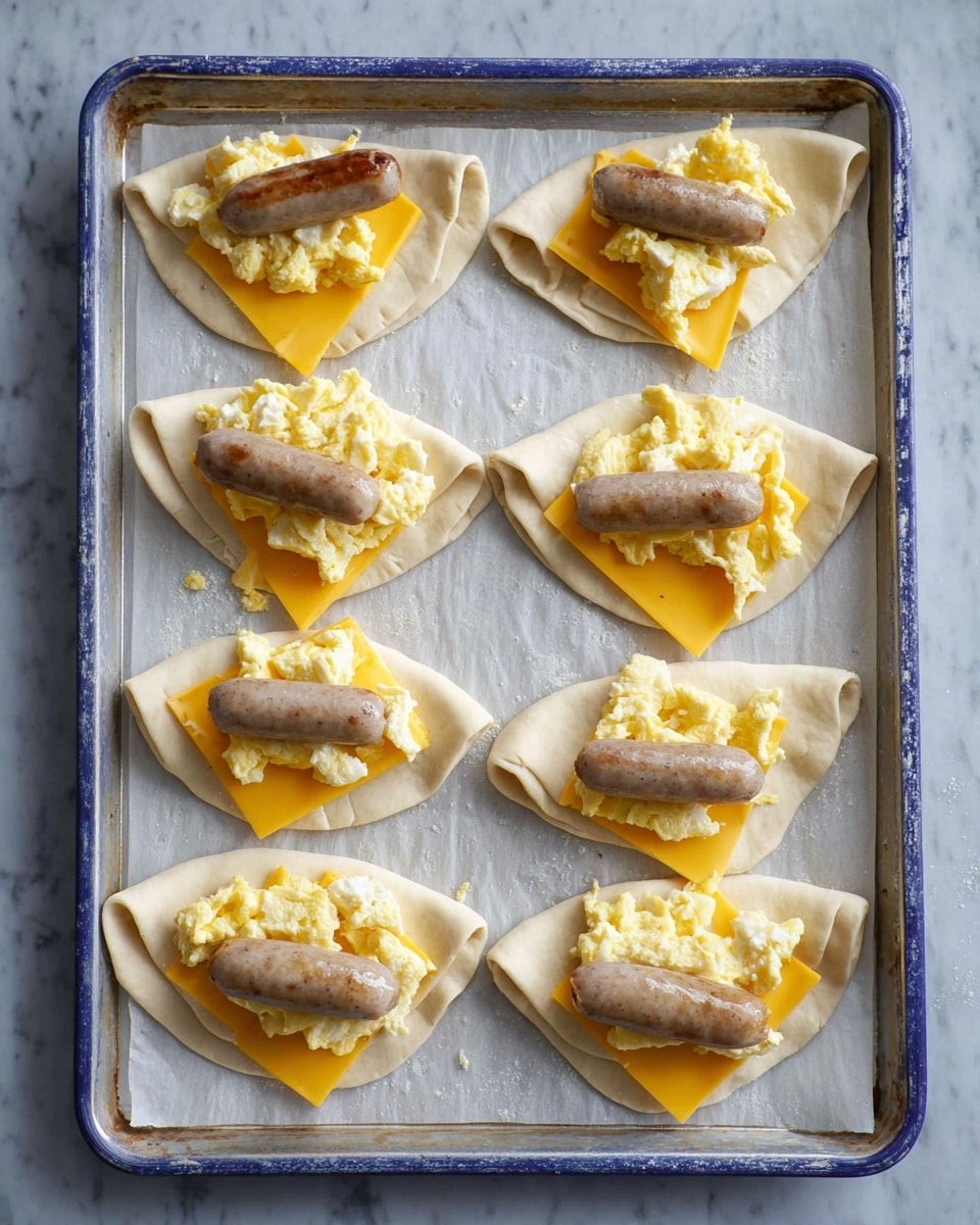The image shows eight uncooked crescent dough triangles laid out on a baking tray lined with white parchment paper. Each dough triangle has three layers: the bottom layer is a pale beige dough with a slightly rough texture, the middle layer is a bright orange square slice of cheddar cheese placed near the wide end of the triangle, and the top layer is a small pile of scrambled eggs with a soft, yellow and white mixed texture. Resting on top of the eggs on each triangle is a light brown cooked sausage link, placed horizontally. The tray is on a white marbled surface. photo taken with an iphone --ar 4:5 --v 7
