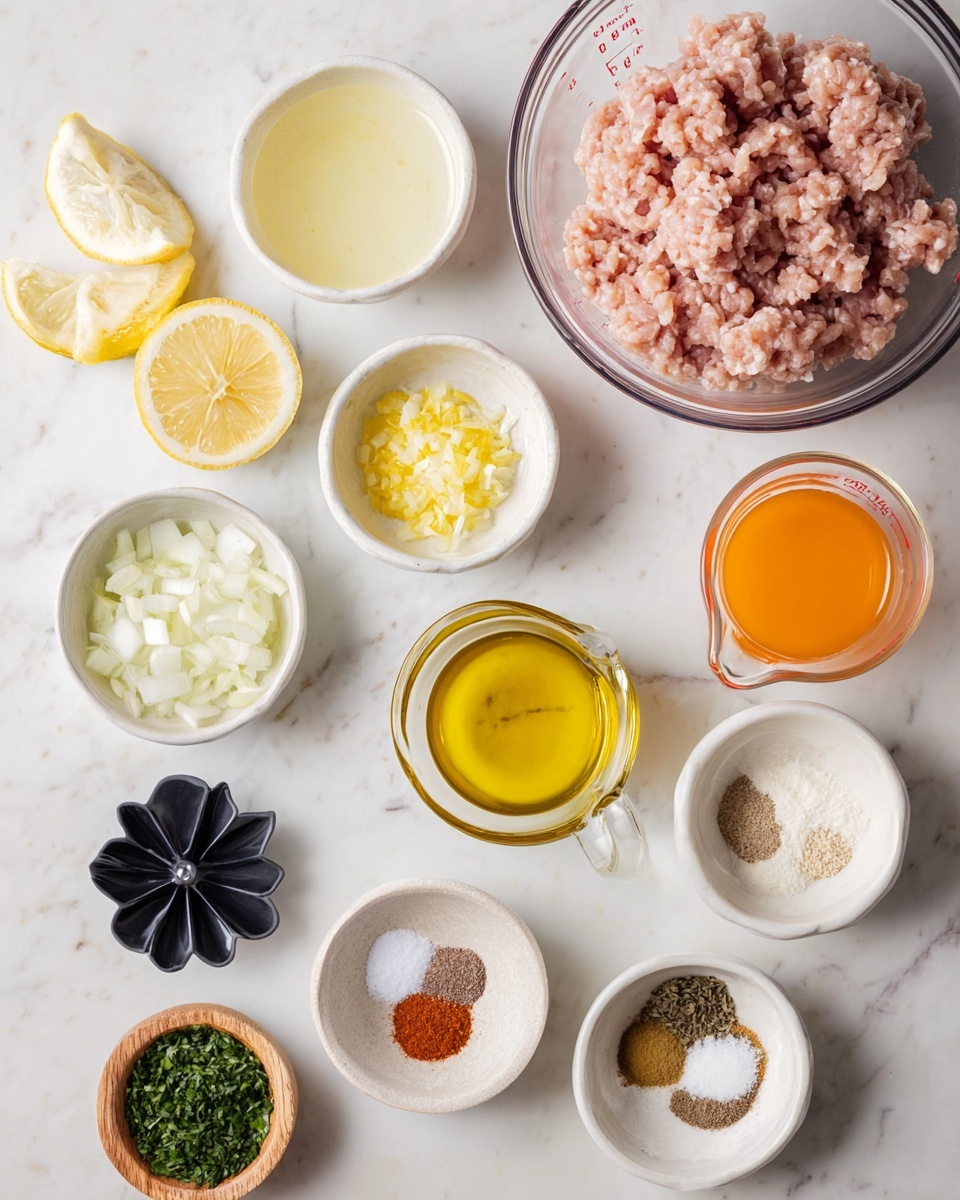 The image shows a flat lay of many small bowls and a glass bowl on a white marbled surface, each holding different ingredients. In the top right is a large clear glass bowl filled with light pink ground meat. Around it, there are small white bowls containing pale yellow lemon juice, thin yellow lemon slices, and finely chopped white onions. A small glass bowl with yellow olive oil, another with pale minced garlic, and a bright orange liquid in a glass measuring cup are also present. There is a small black flower-shaped bowl with white salt and black pepper, a small brown dish with a mix of powdered spices in red, beige, and brown, and a small glass bowl with green chopped herbs. A tiny wooden bowl has bright yellow lemon zest and a small clear bowl holds white baking powder or flour. All bowls are arranged neatly on the white marbled surface, showing a mix of soft and bright colors of fresh ingredients. photo taken with an iphone --ar 4:5 --v 7