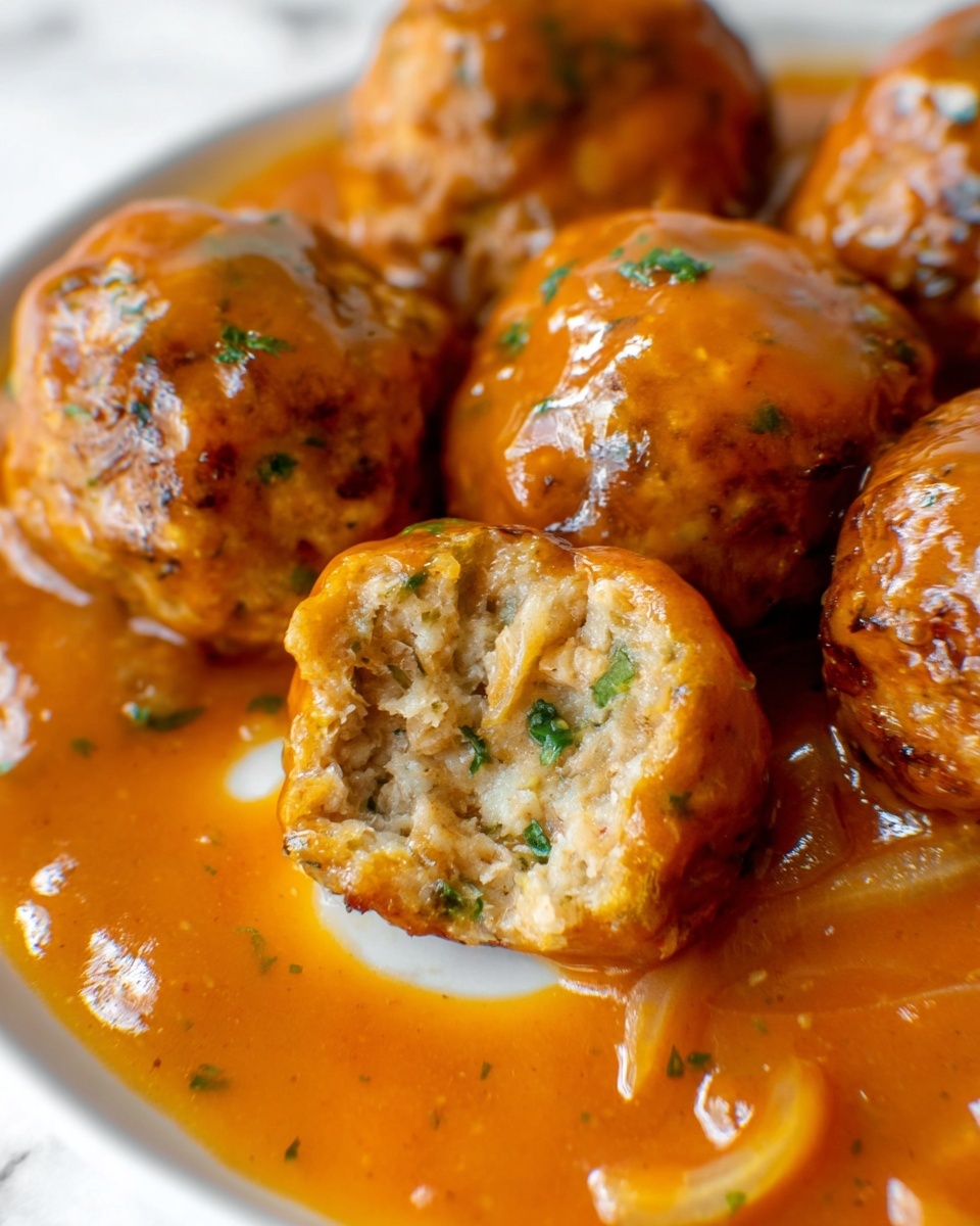 A close-up view of a white pan filled with about a dozen golden-brown meatballs covered in a shiny orange sauce, with small green herb bits visible on the surface of the meatballs; the sauce pools around the meatballs and includes thin slices of orange-colored vegetables, creating a warm and glossy look. The background shows a white marbled surface. photo taken with an iphone --ar 4:5 --v 7