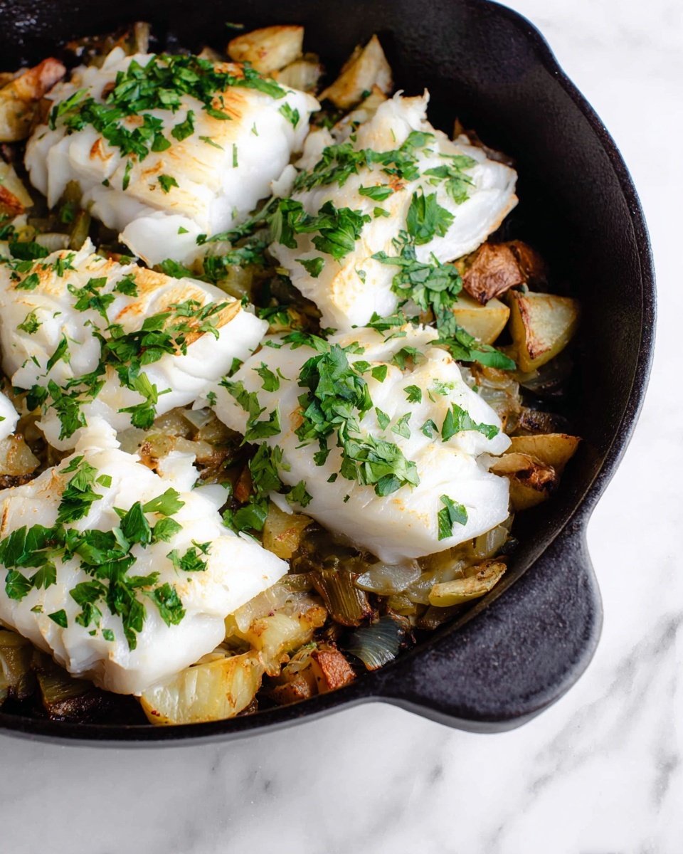 The image shows a black cast iron skillet with white fish fillets on top, each piece soft and flaky with a slightly shiny texture, sprinkled with fresh green cilantro leaves. Underneath the fish, there are golden brown roasted vegetables, including some pieces with caramelized edges giving a warm brown color with a slightly crispy texture. The skillet rests on a white marbled surface. The overall look is fresh and simple, with the contrast of white fish, green herbs, and browned vegetables. Photo taken with an iphone --ar 4:5 --v 7